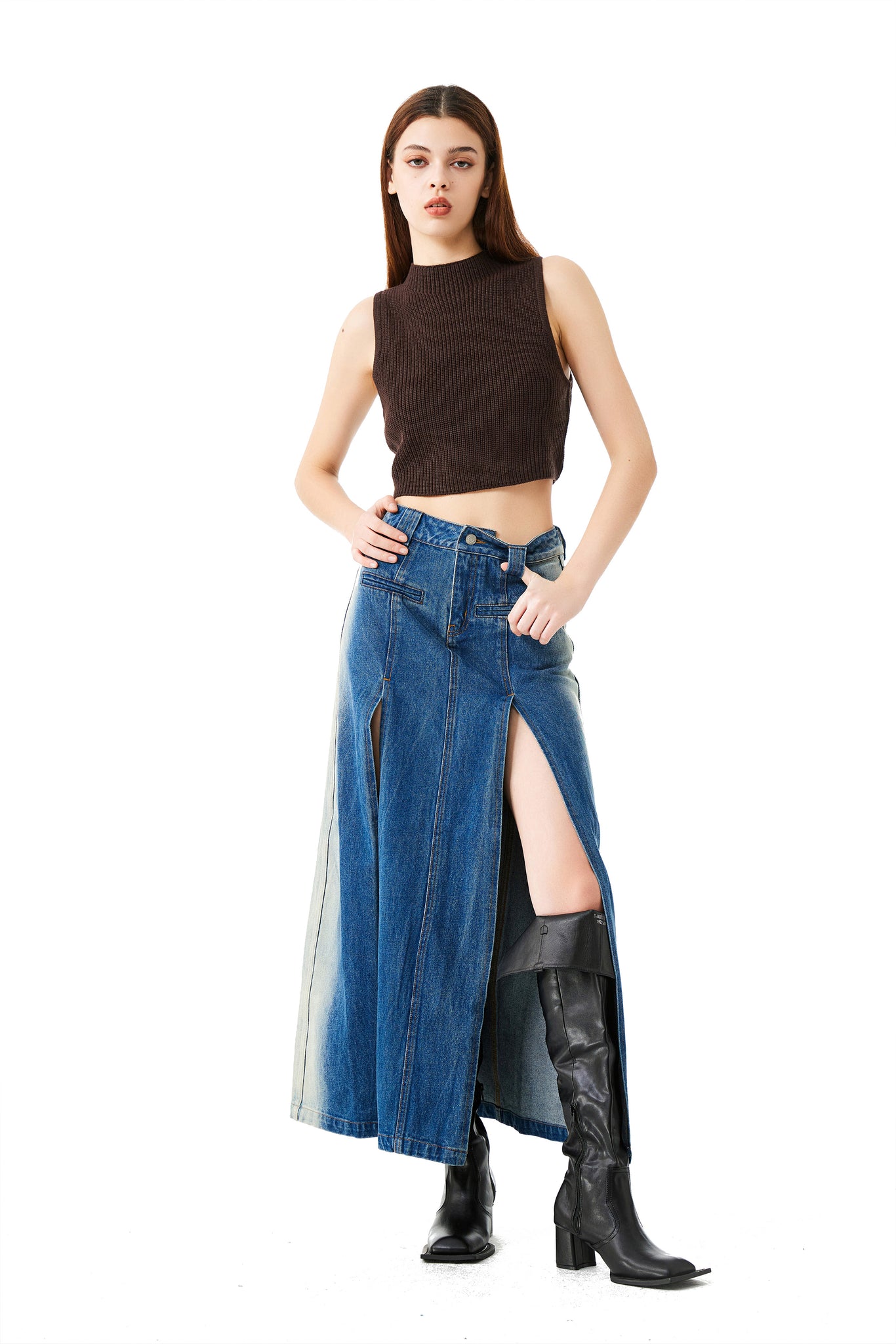 High-Slit Denim Skirt