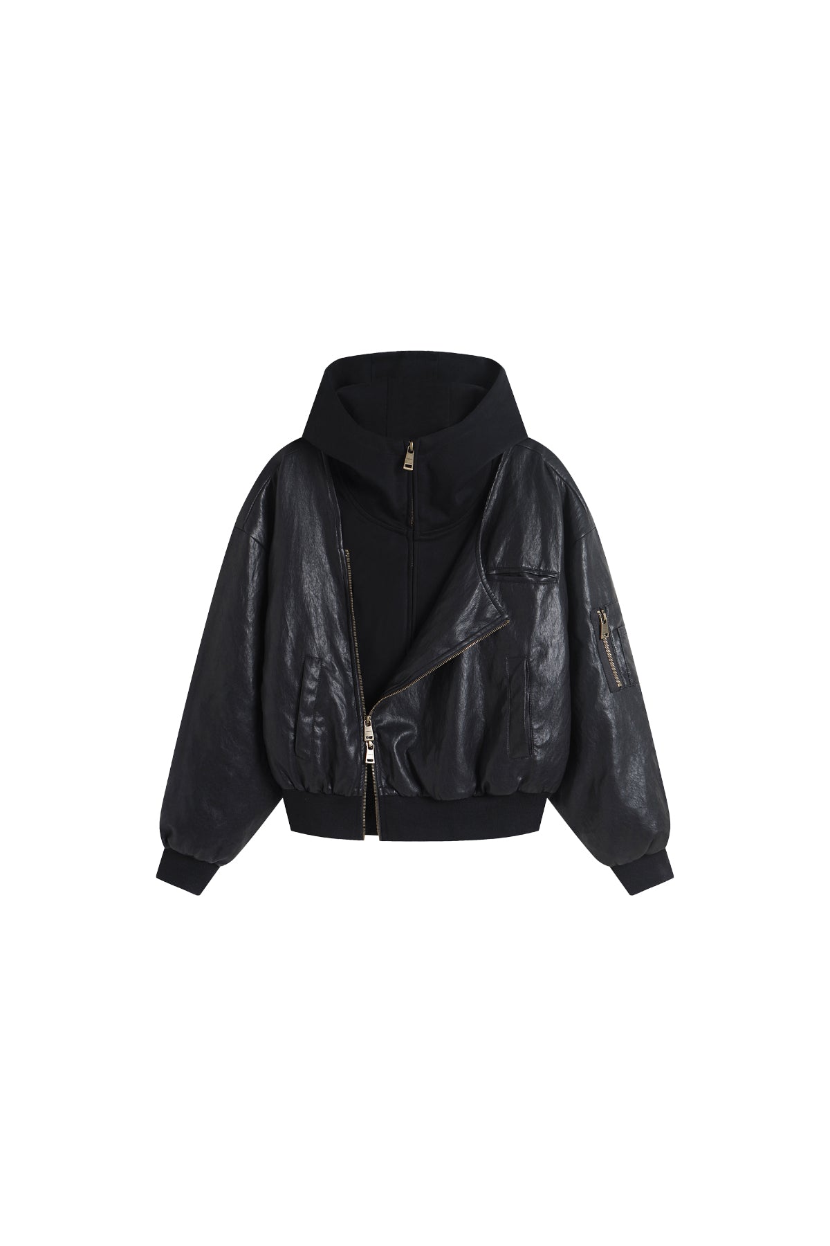 Oversized Leather Bomber Jacket in Black  YJ1NGZYZJ® Official