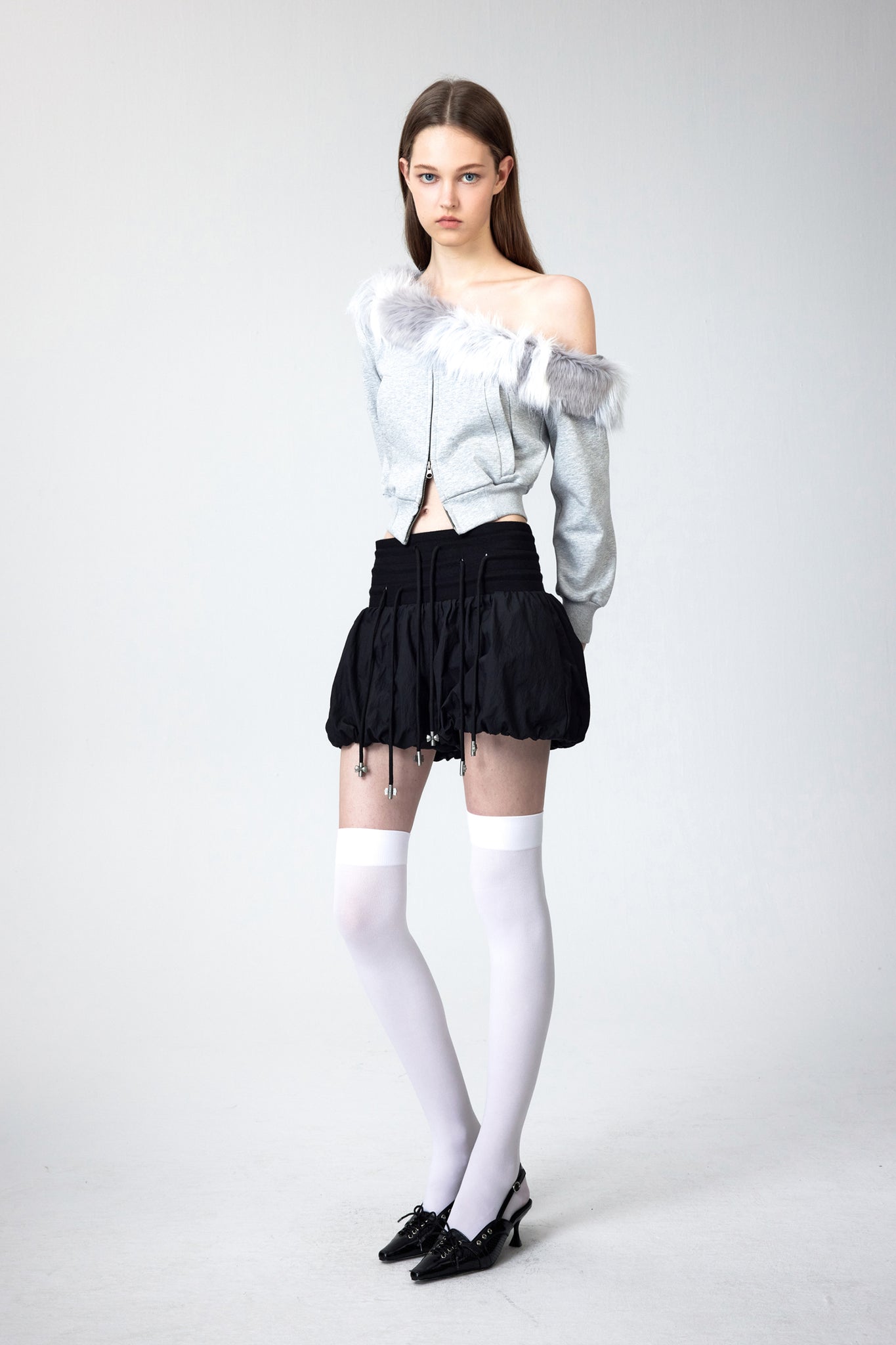 One Shoulder Faux Fur Capless Jacket In Gray