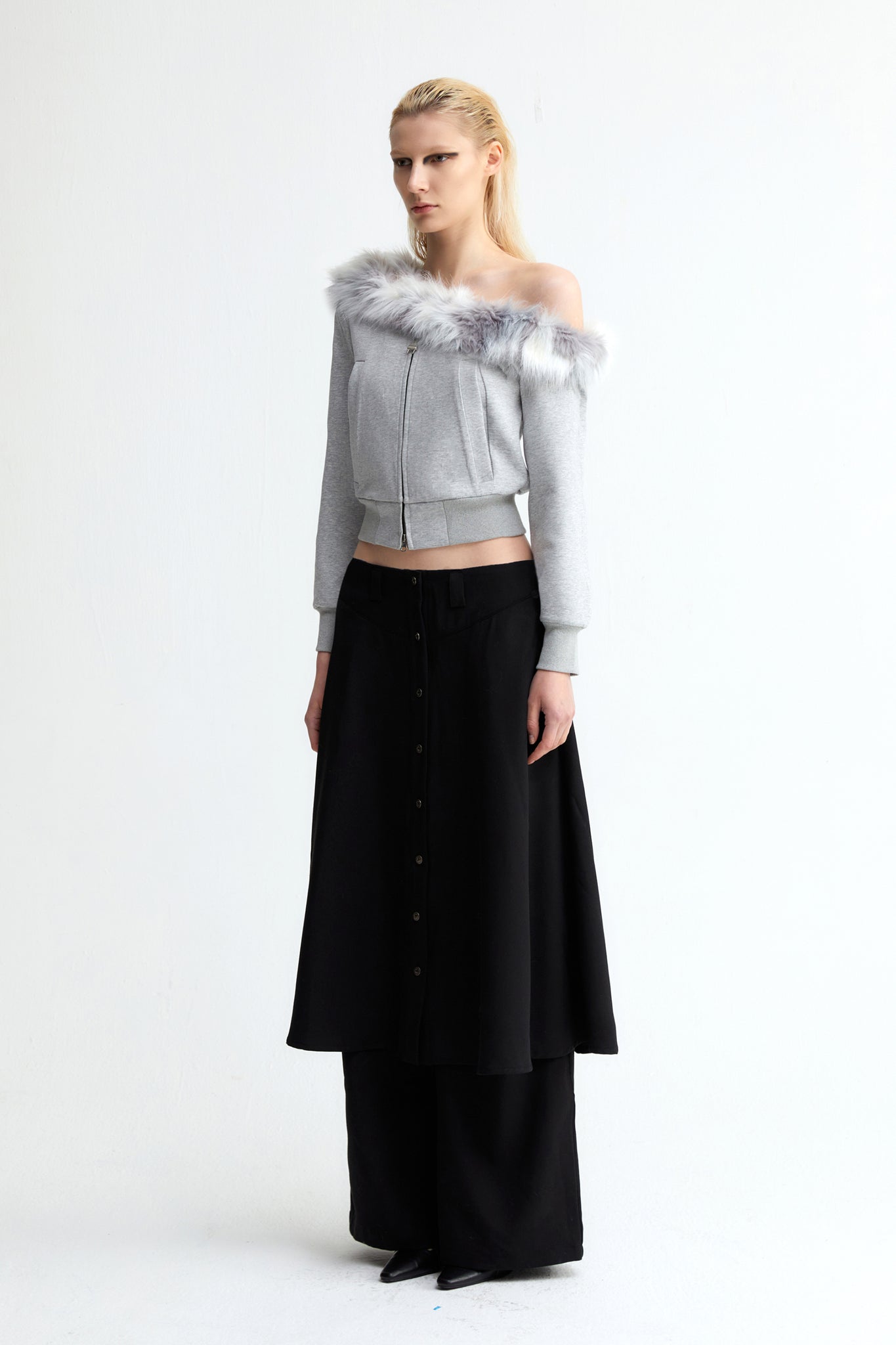One Shoulder Faux Fur Capless Jacket In Gray - YJ1NGZYZJ® Official