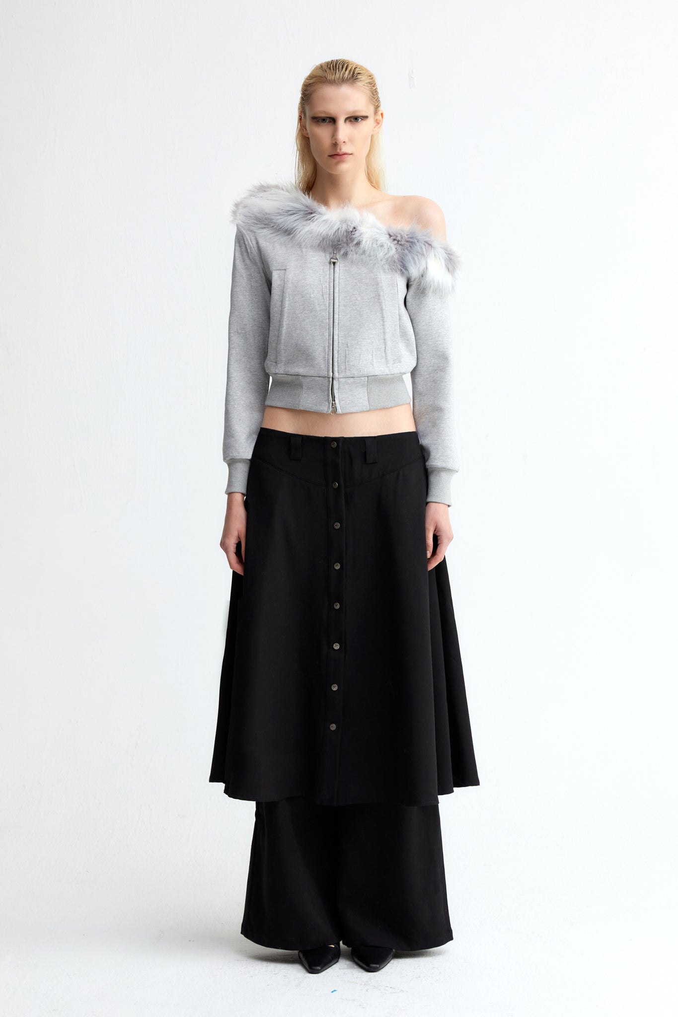 One Shoulder Faux Fur Capless Jacket In Gray - YJ1NGZYZJ® Official