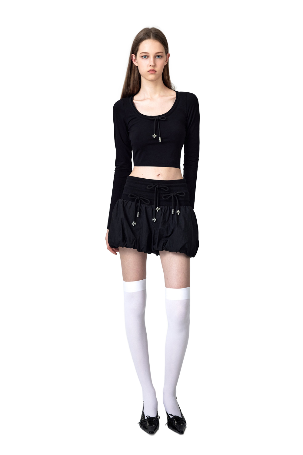 Bow Low-Cut Long-Sleeved Top