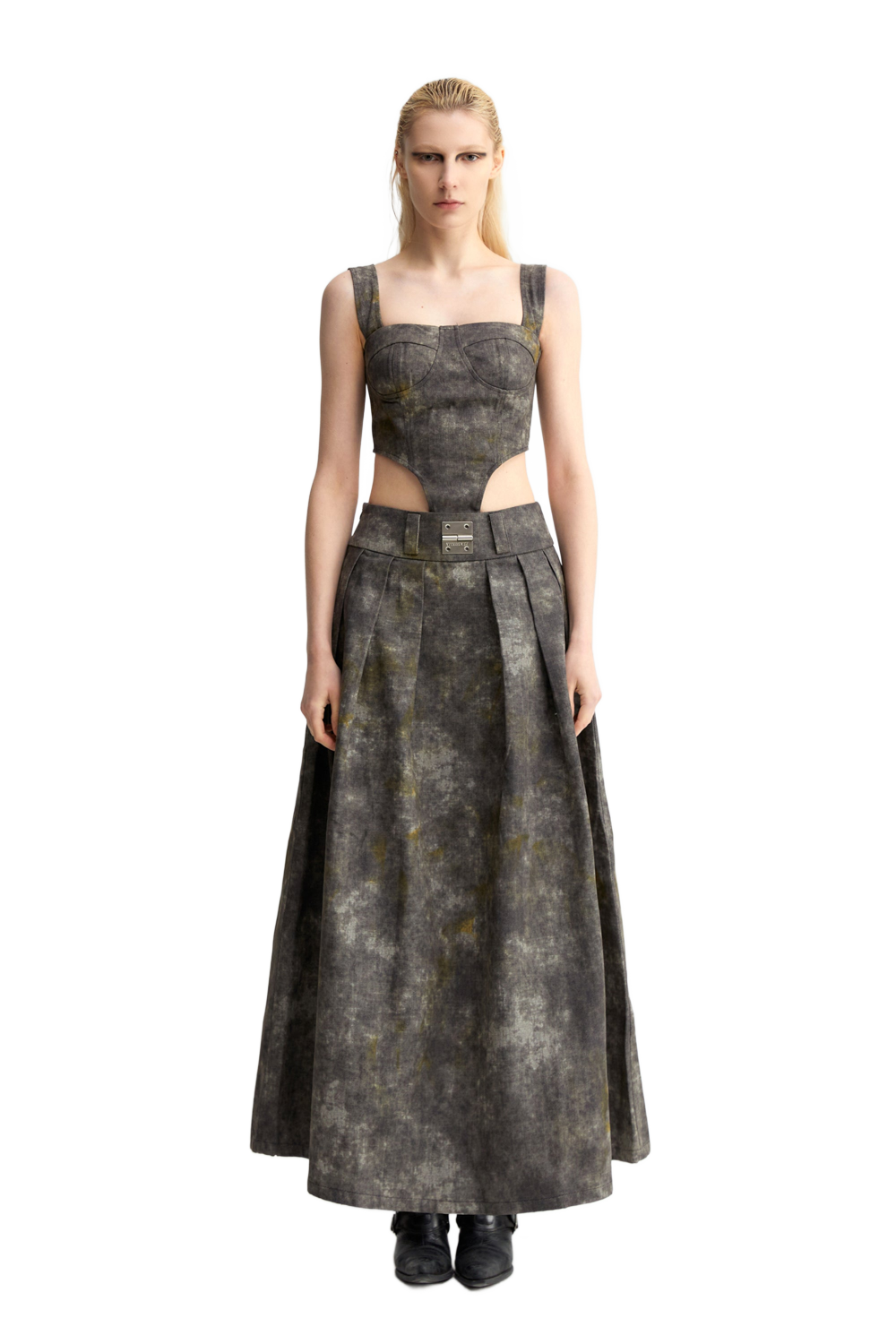 Denim Acid-Wash Long Skirt In Gray