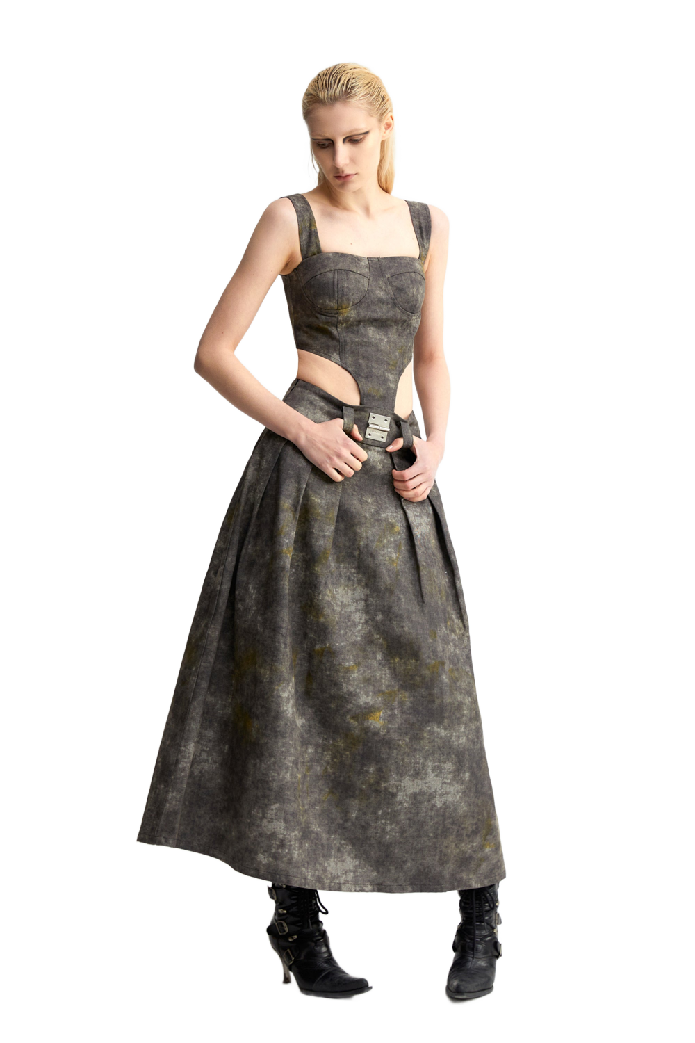 Denim Acid-Wash Long Skirt In Gray