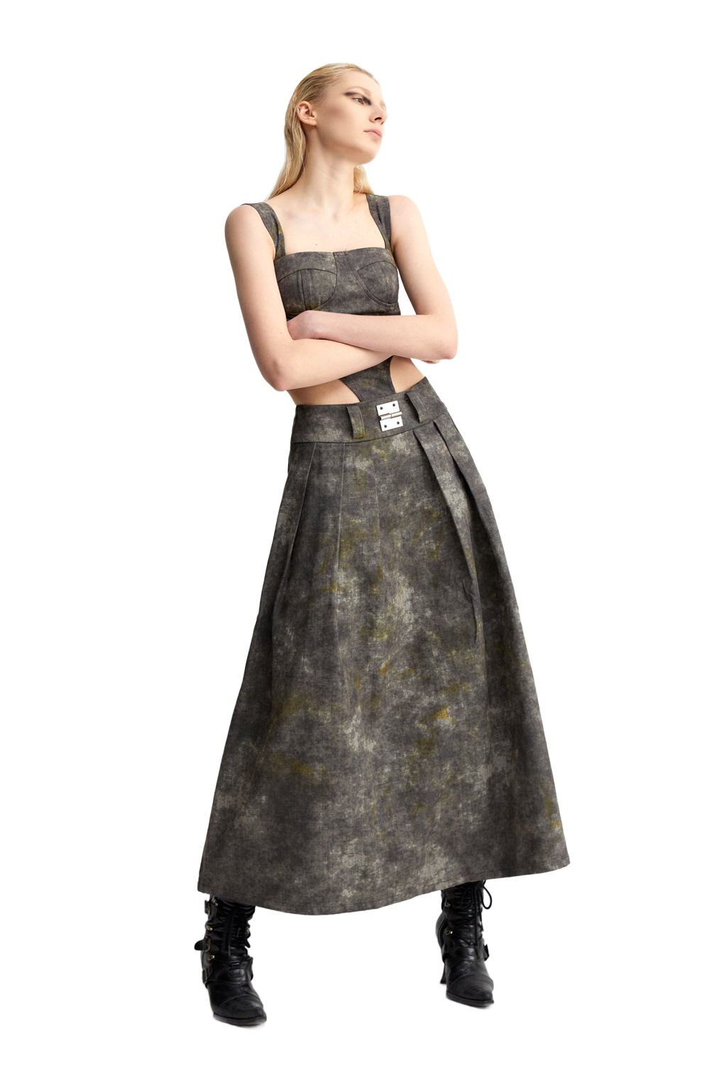 Denim Acid-Wash Long Skirt In Gray