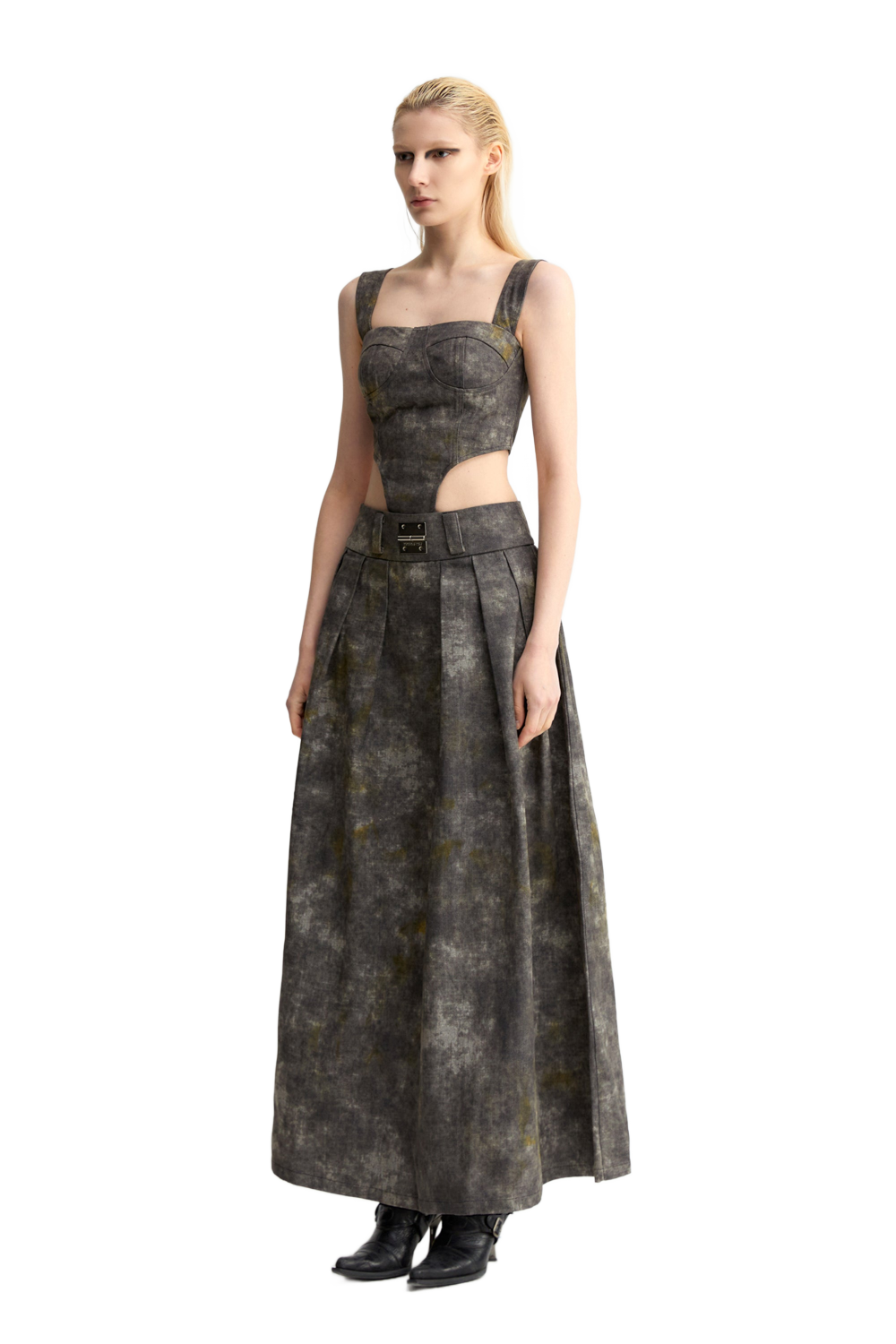 Denim Acid-Wash Long Skirt In Gray