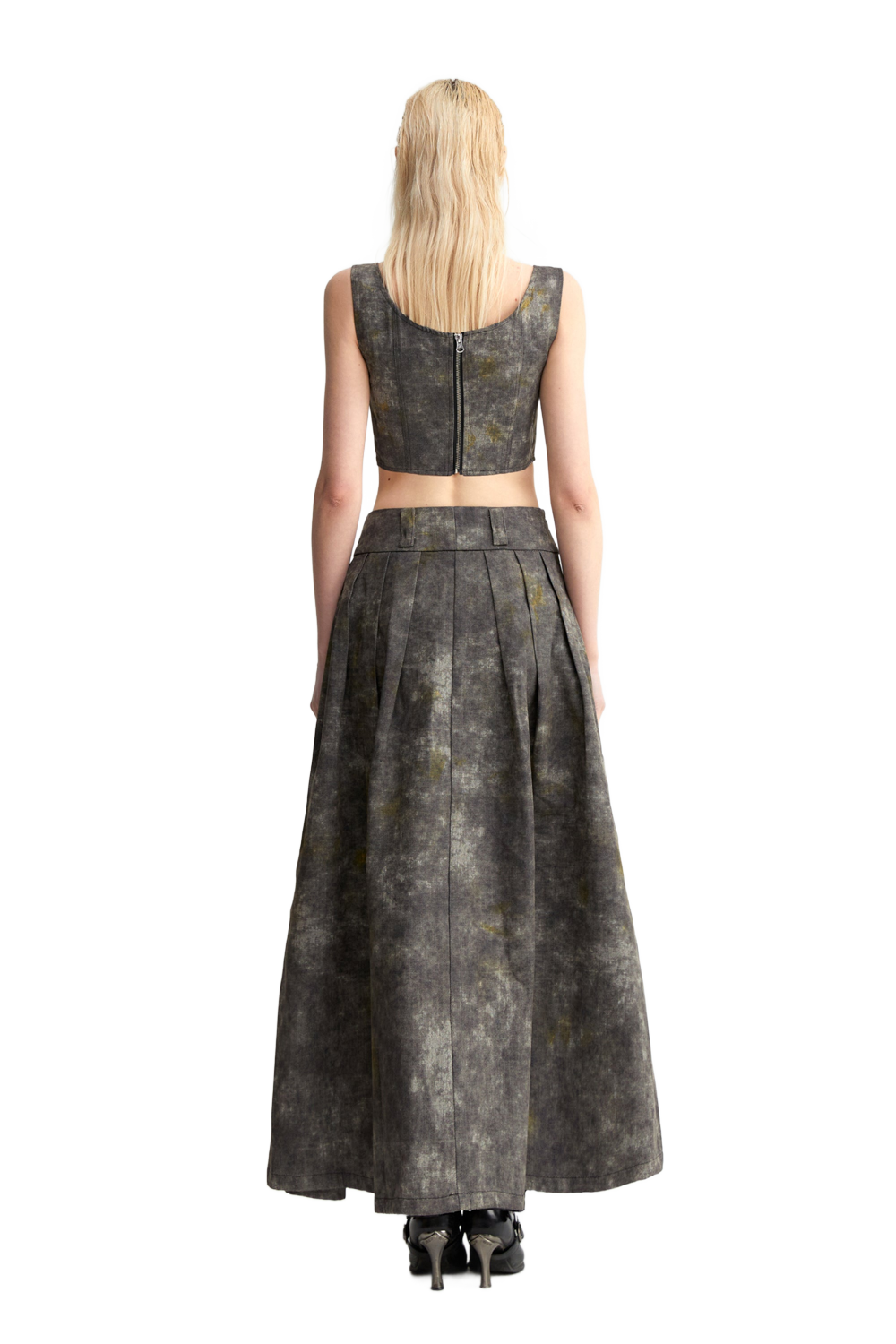 Denim Acid-Wash Long Skirt In Gray
