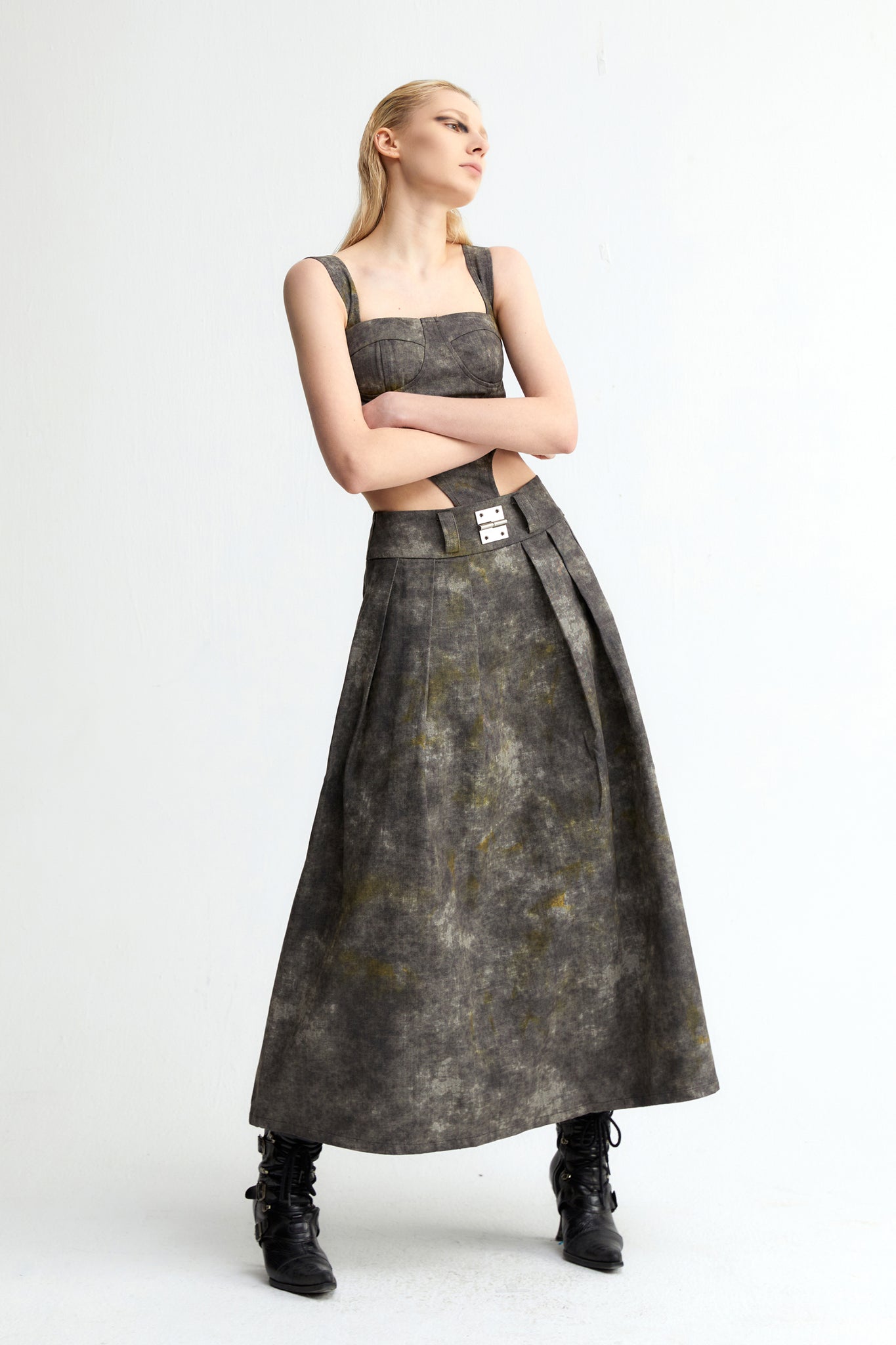 Denim Acid-Wash Long Skirt In Gray - YJ1NGZYZJ® Official