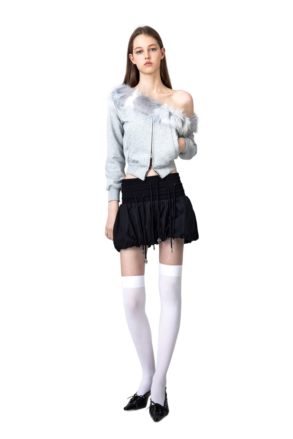 YJ1NGZYZJ® Official - One Shoulder Faux Fur Capless Jacket In Gray - 休闲外套