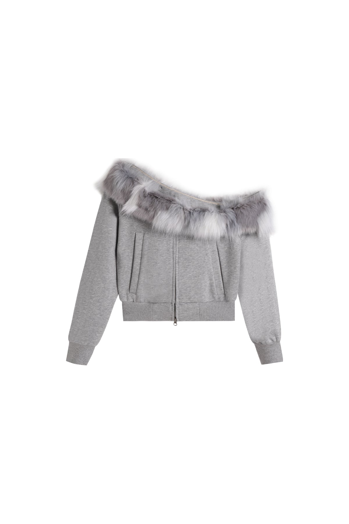 YJ1NGZYZJ One Shoulder Faux Fur Capless Jacket In Gray