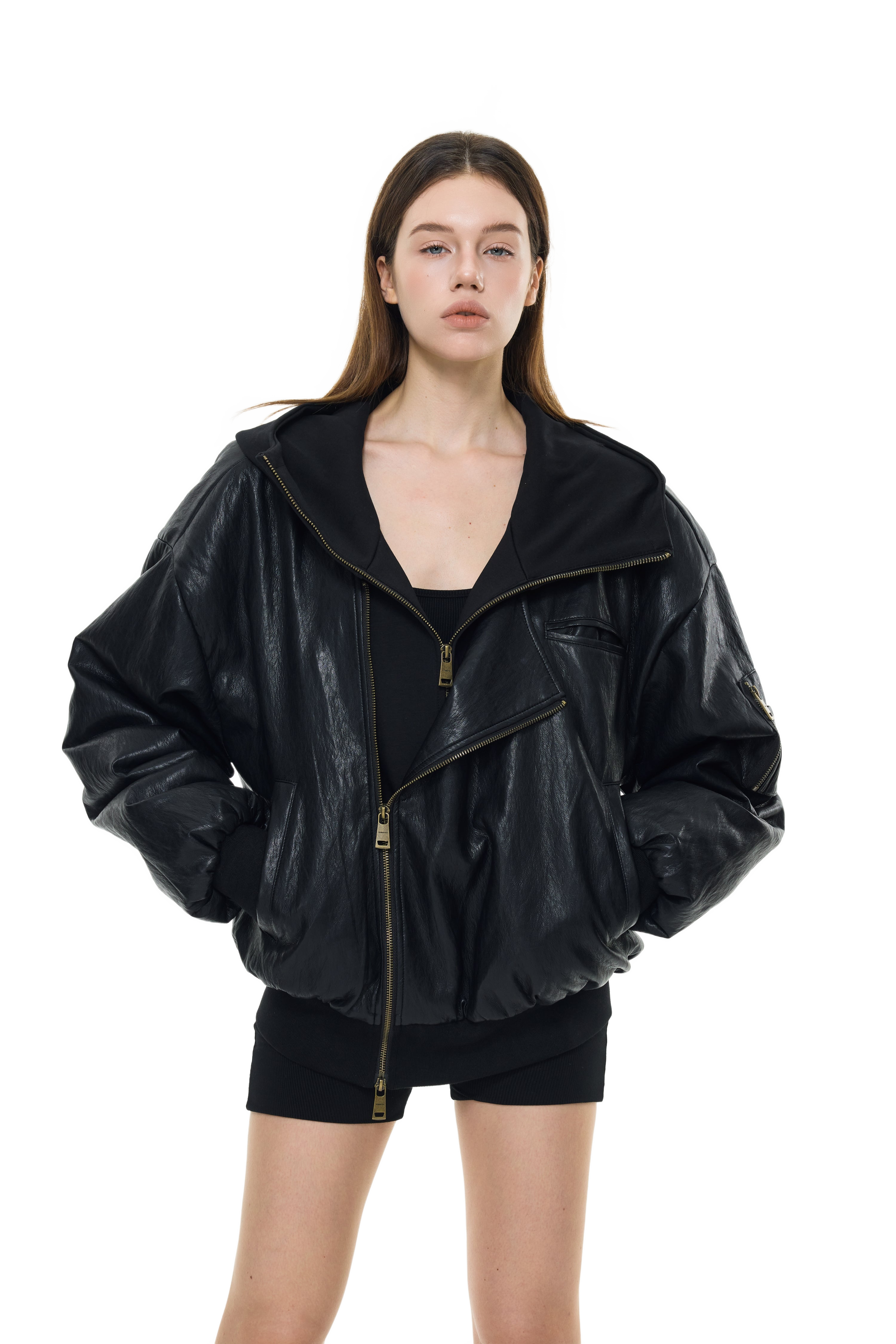 Oversized Leather Bomber Jacket in Black – YJ1NGZYZJ® Official