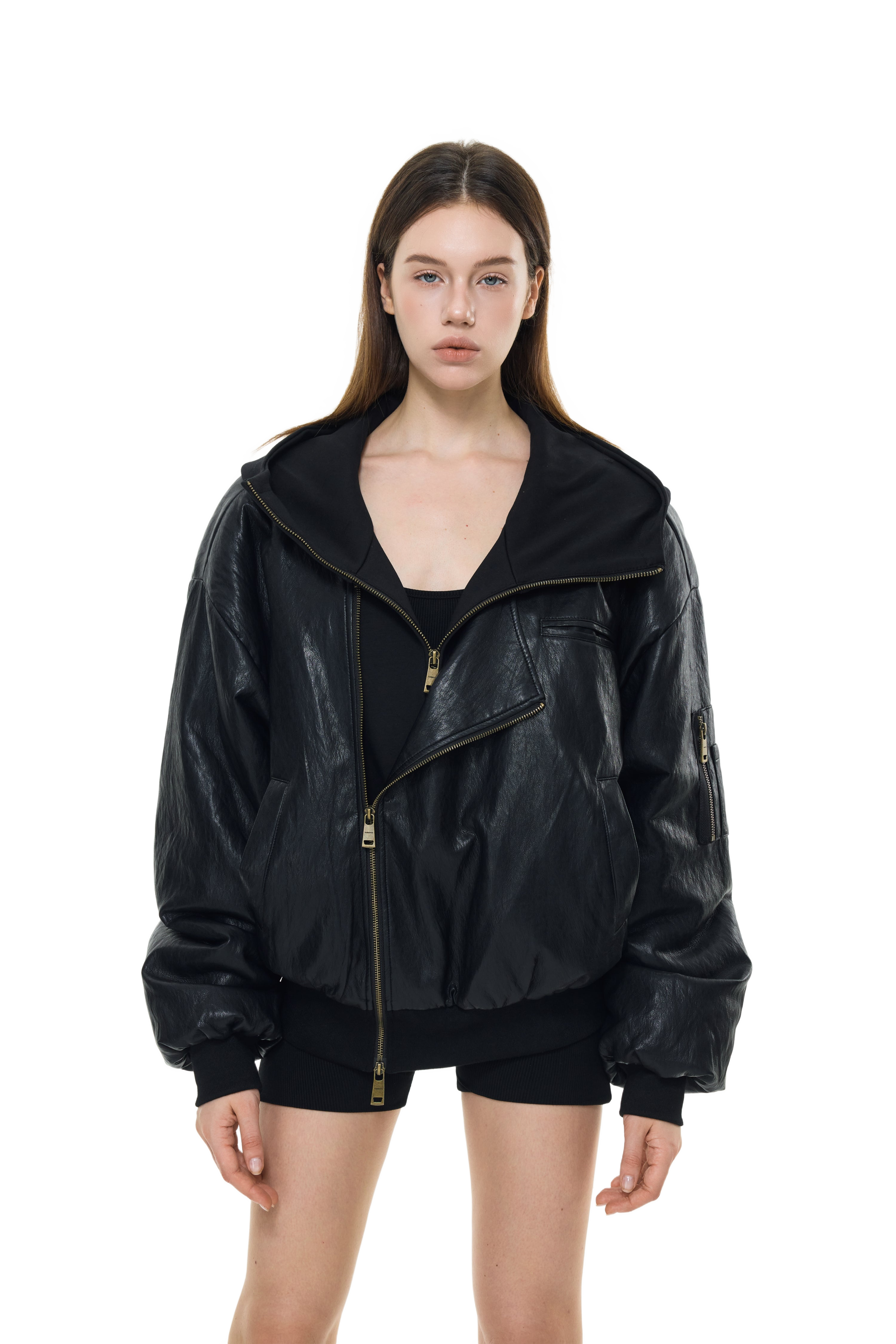 Oversized Leather Bomber Jacket in Black – YJ1NGZYZJ® Official