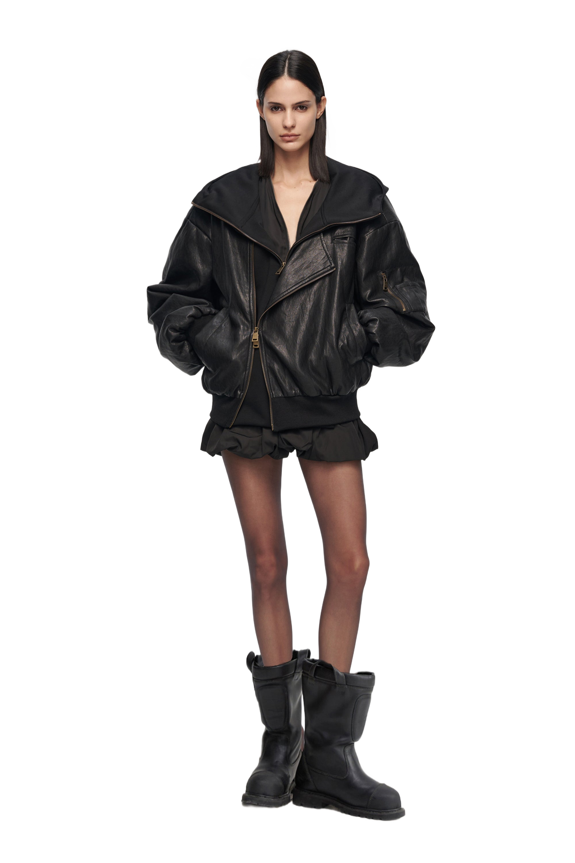 Oversized Leather Bomber Jacket in Black – YJ1NGZYZJ® Official