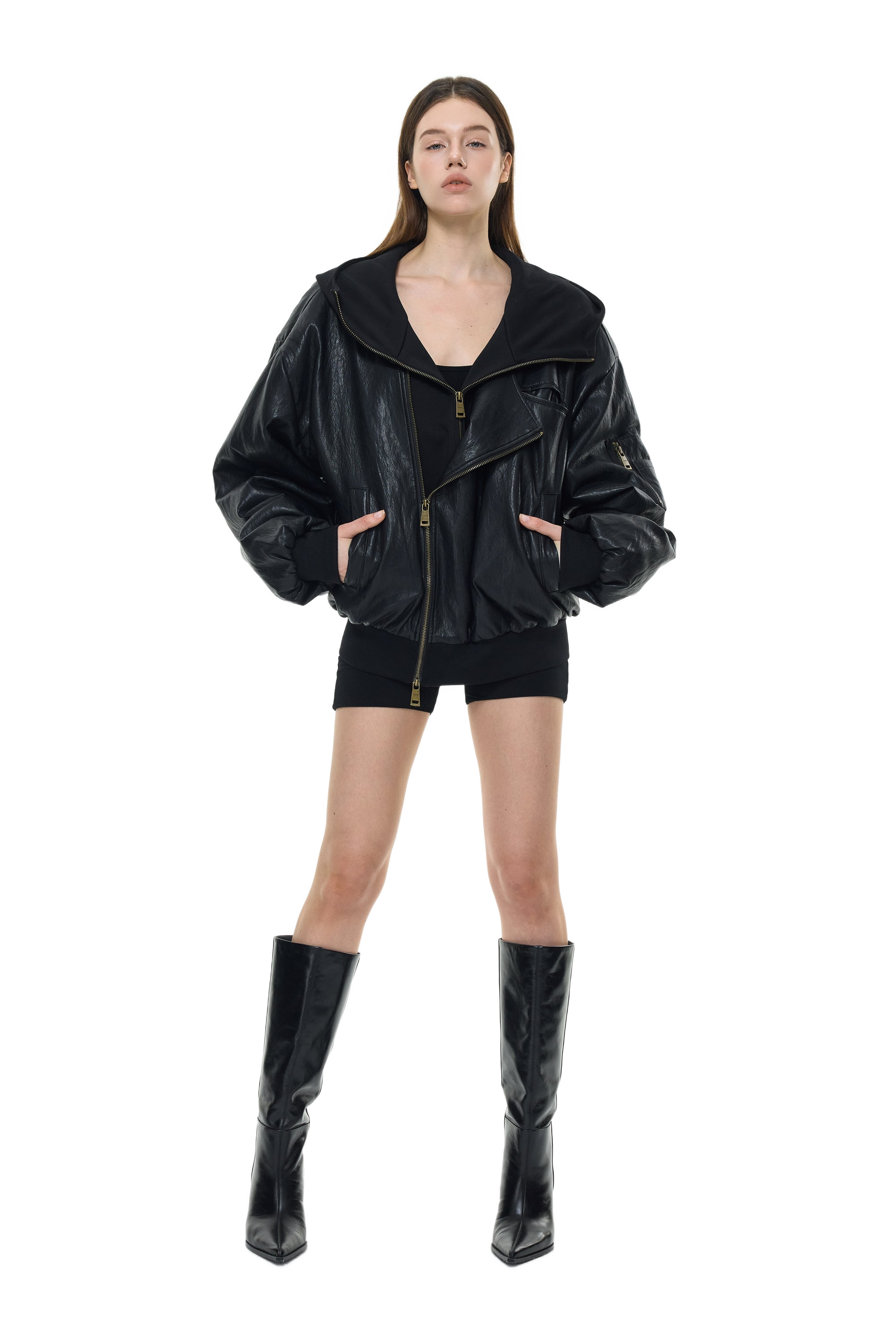 Oversized Leather Bomber Jacket in Black – YJ1NGZYZJ® Official