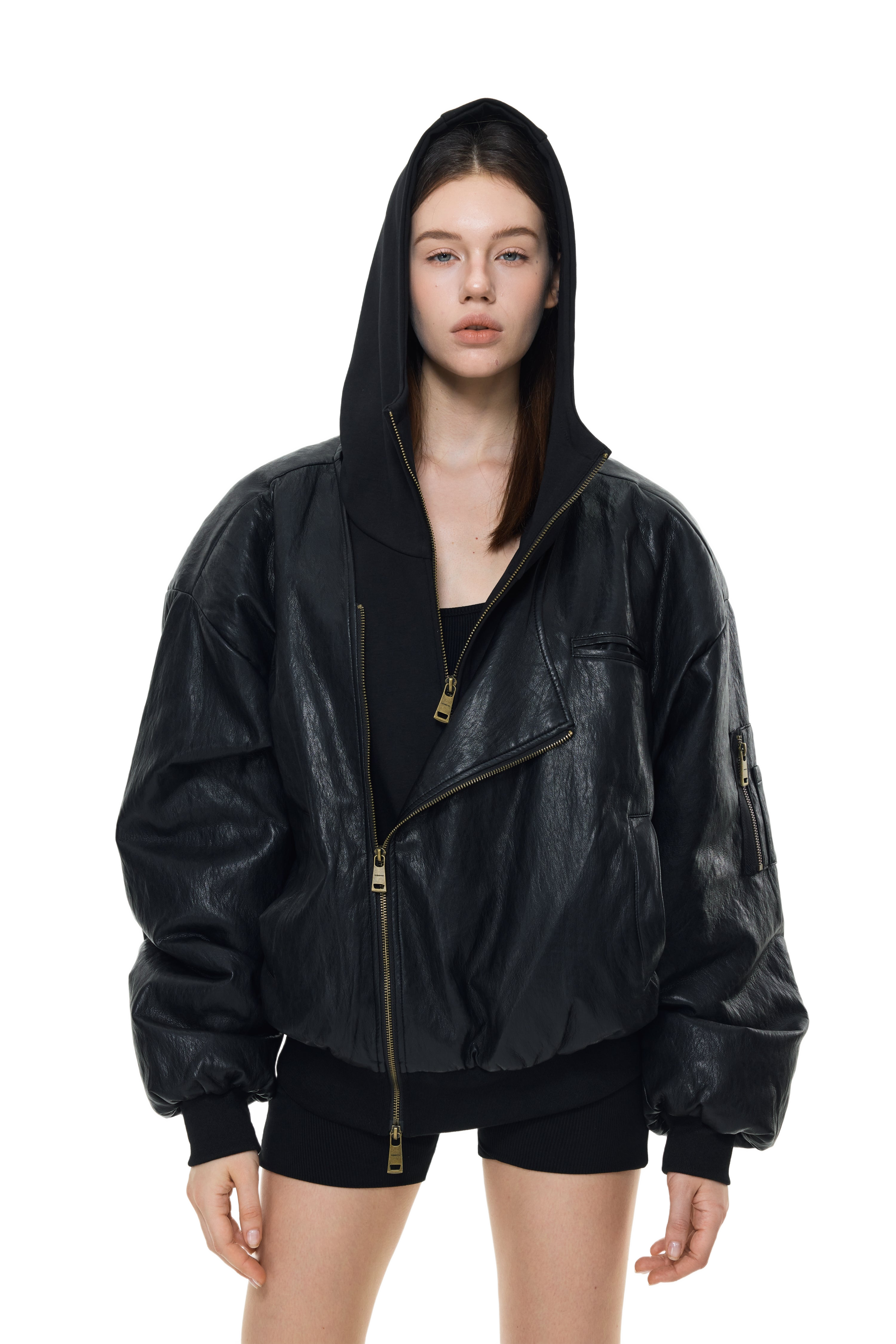 Oversized Leather Bomber Jacket in Black – YJ1NGZYZJ® Official