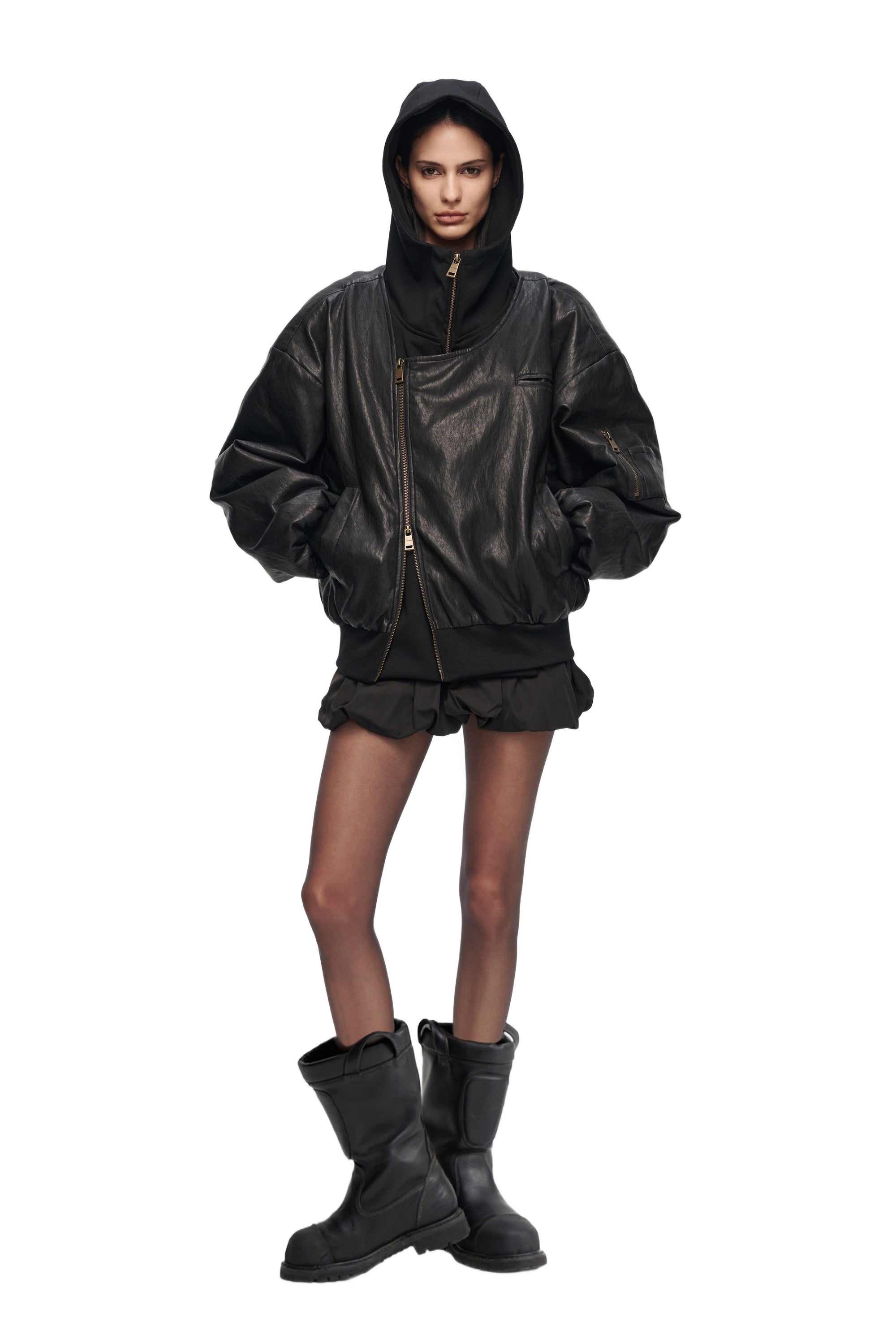 type cardigan”羊革“ 黒“ 短丈“bomber jacket Oversized Leather Bomber Jacket in Black – YJ1NGZYZJ® Official