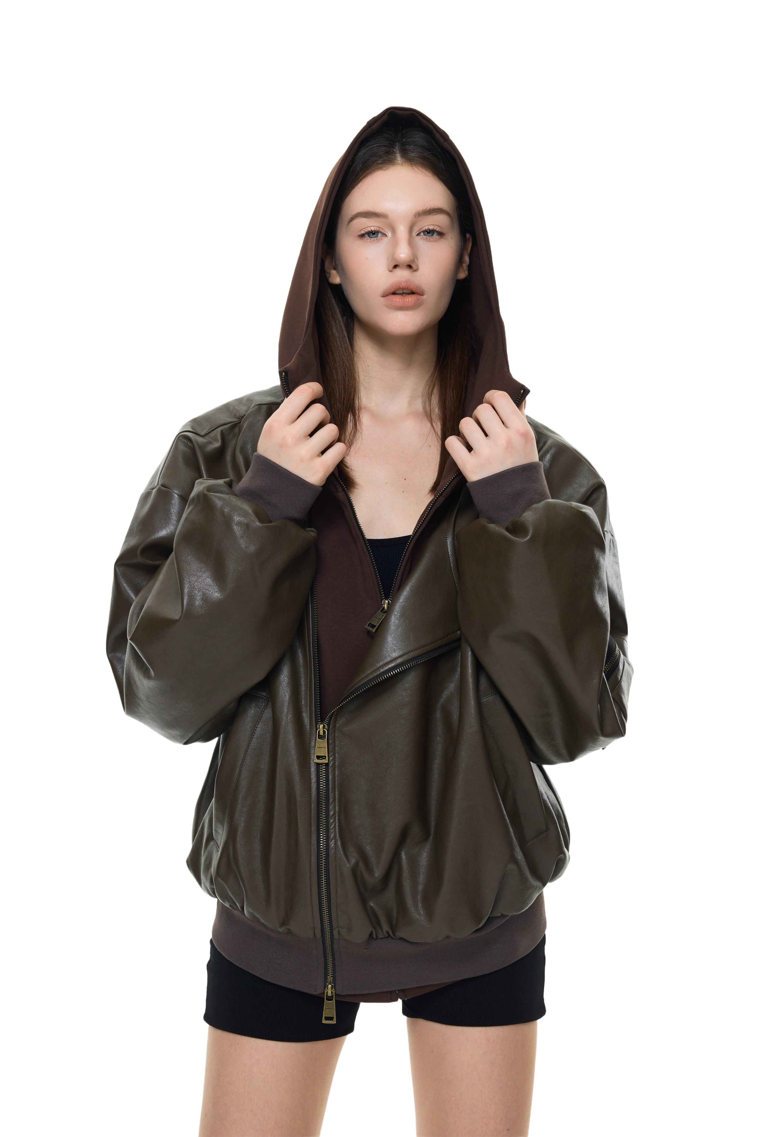 YJ1NGZYZJ Oversized Leather Bomber Jacket in Brown – YJ1NGZYZJ
