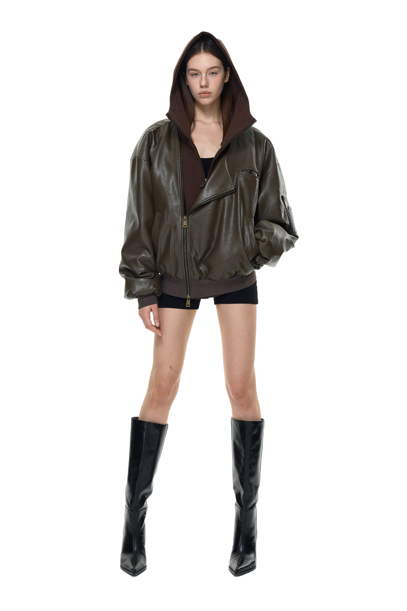 YJ1NGZYZJ Oversized Leather Bomber Jacket in Brown – YJ1NGZYZJ