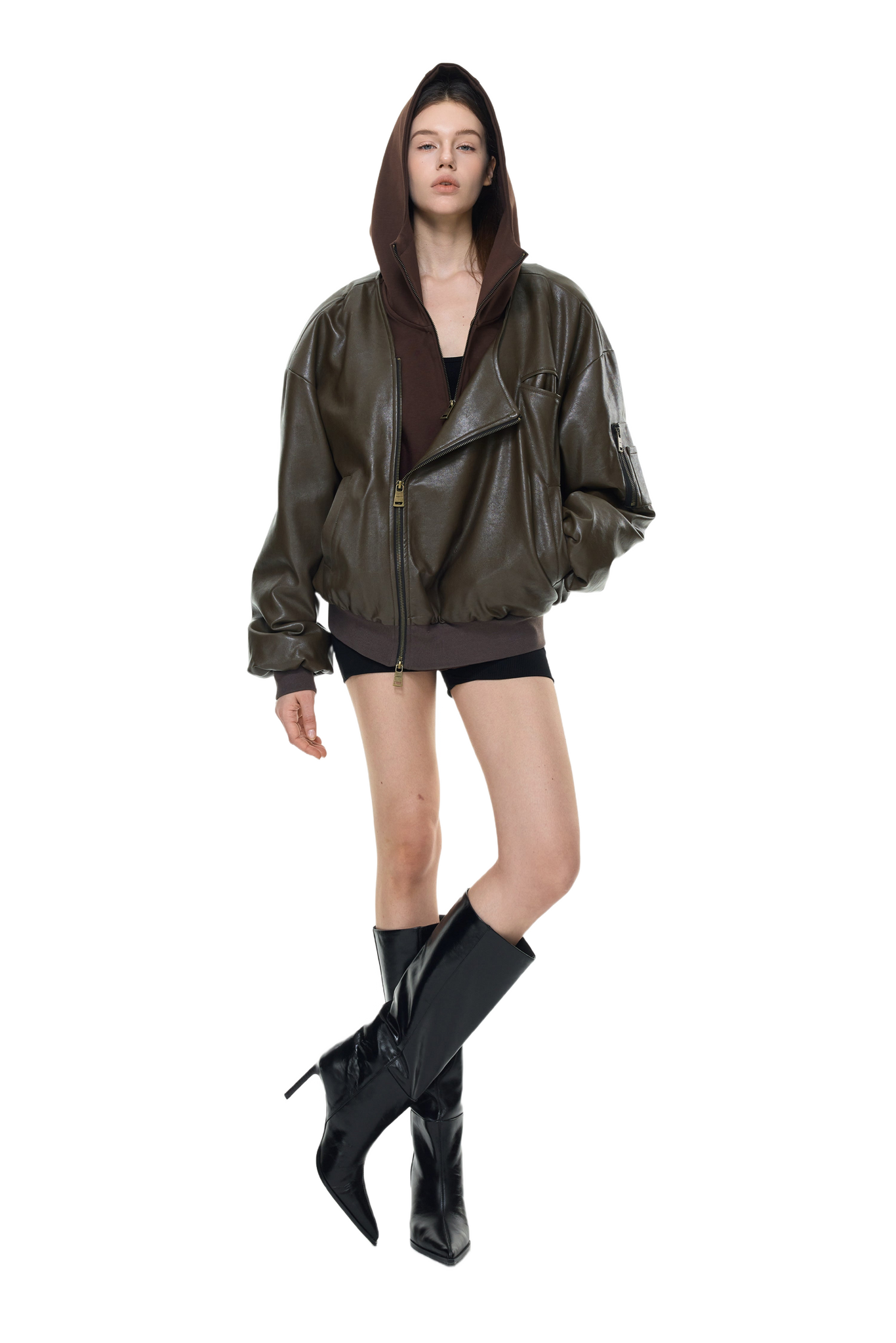 YJ1NGZYZJ Oversized Leather Bomber Jacket in Brown – YJ1NGZYZJ
