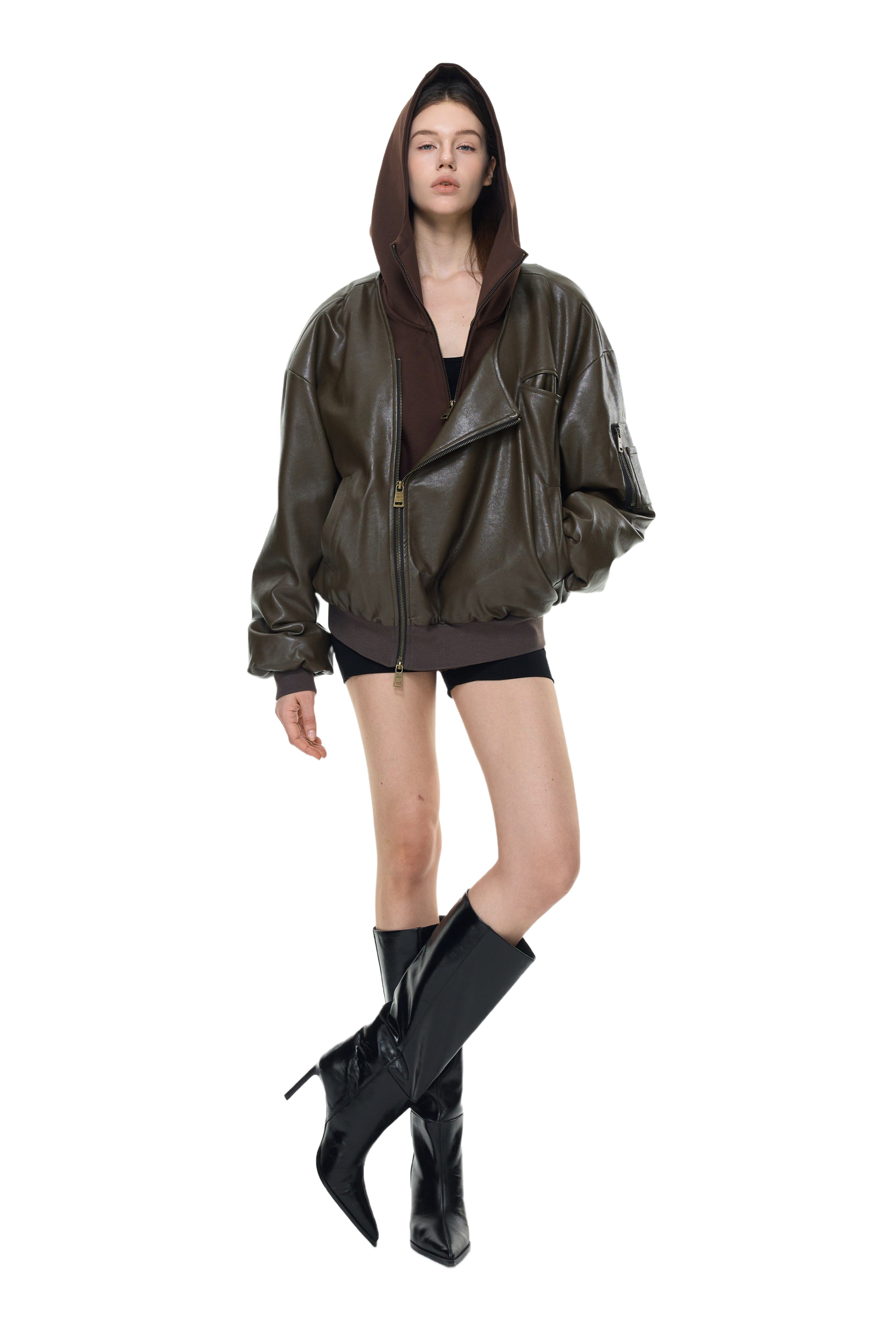 YJ1NGZYZJ Oversized Leather Bomber Jacket in Brown – YJ1NGZYZJ
