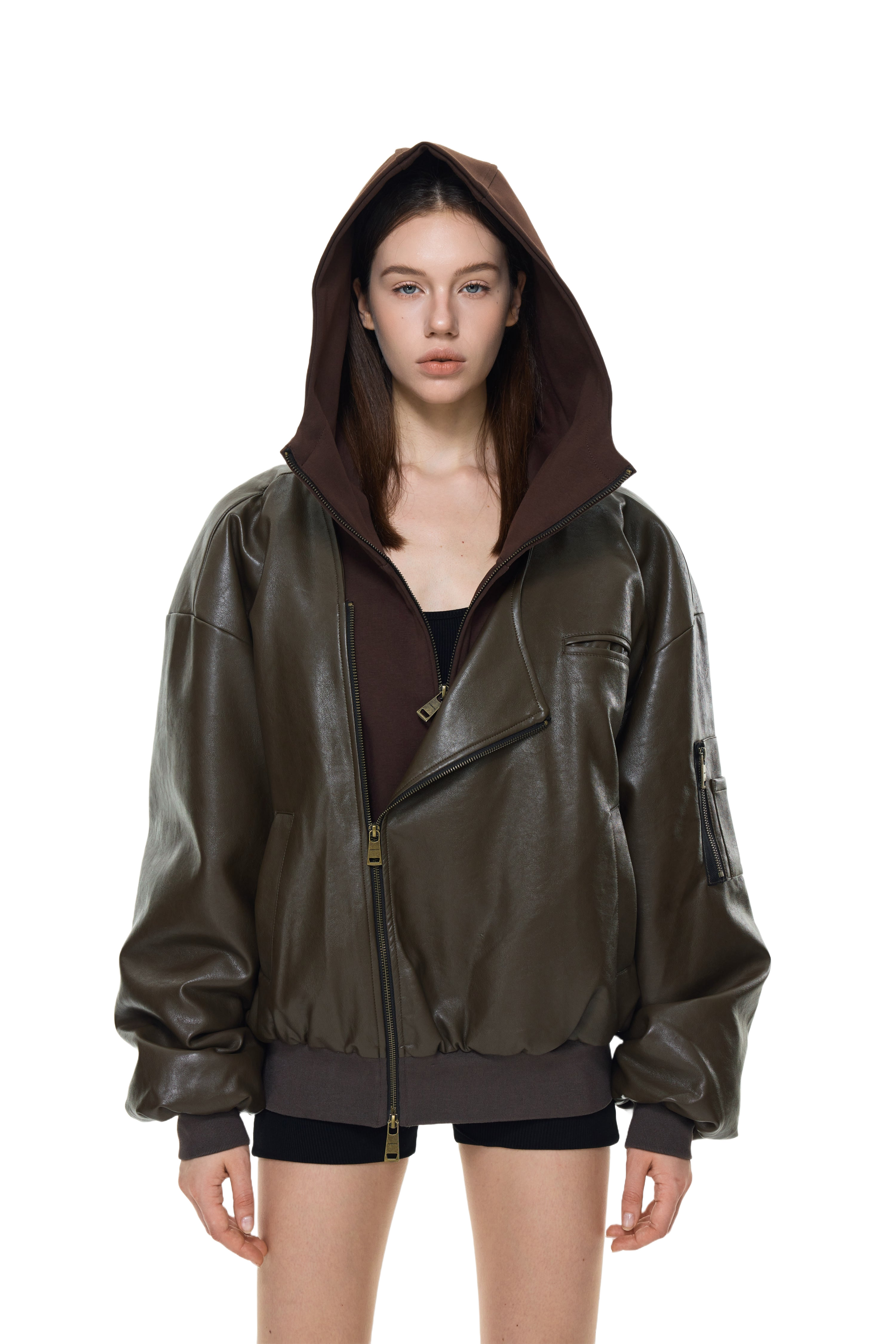 YJ1NGZYZJ Oversized Leather Bomber Jacket in Brown – YJ1NGZYZJ