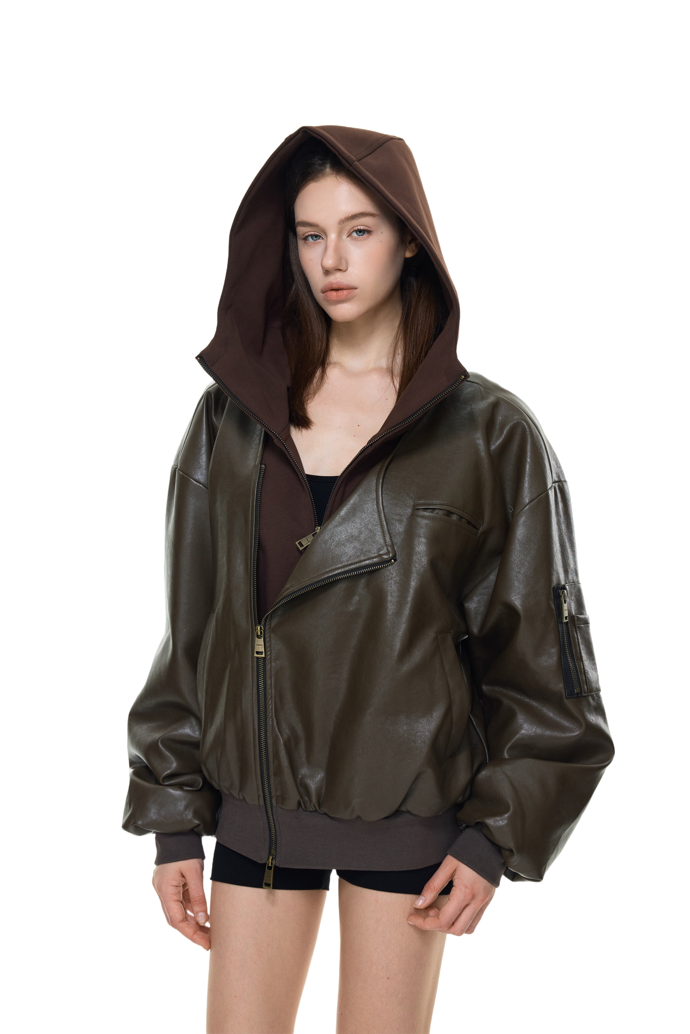 YJ1NGZYZJ Oversized Leather Bomber Jacket in Brown – YJ1NGZYZJ
