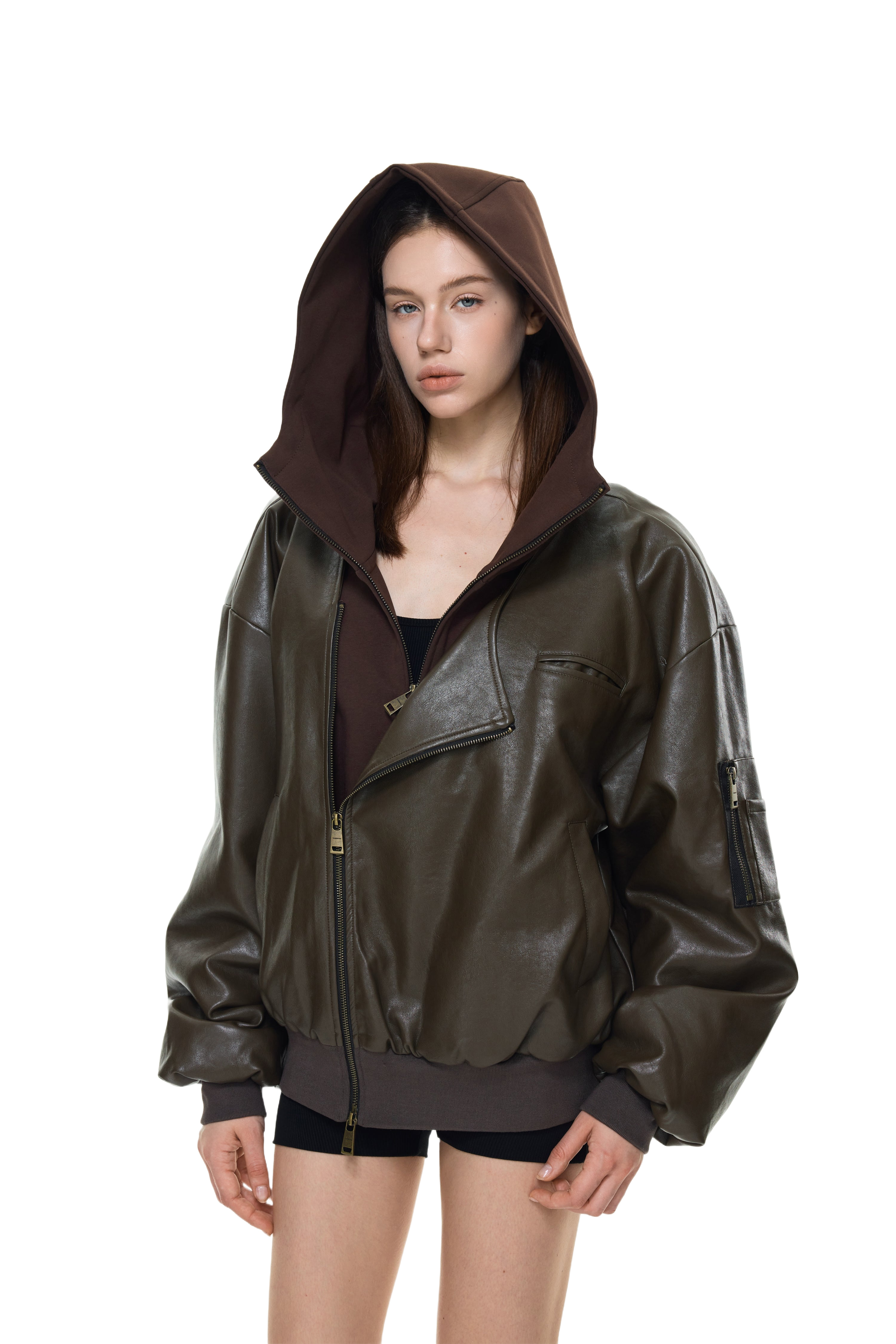 YJ1NGZYZJ Oversized Leather Bomber Jacket in Brown – YJ1NGZYZJ