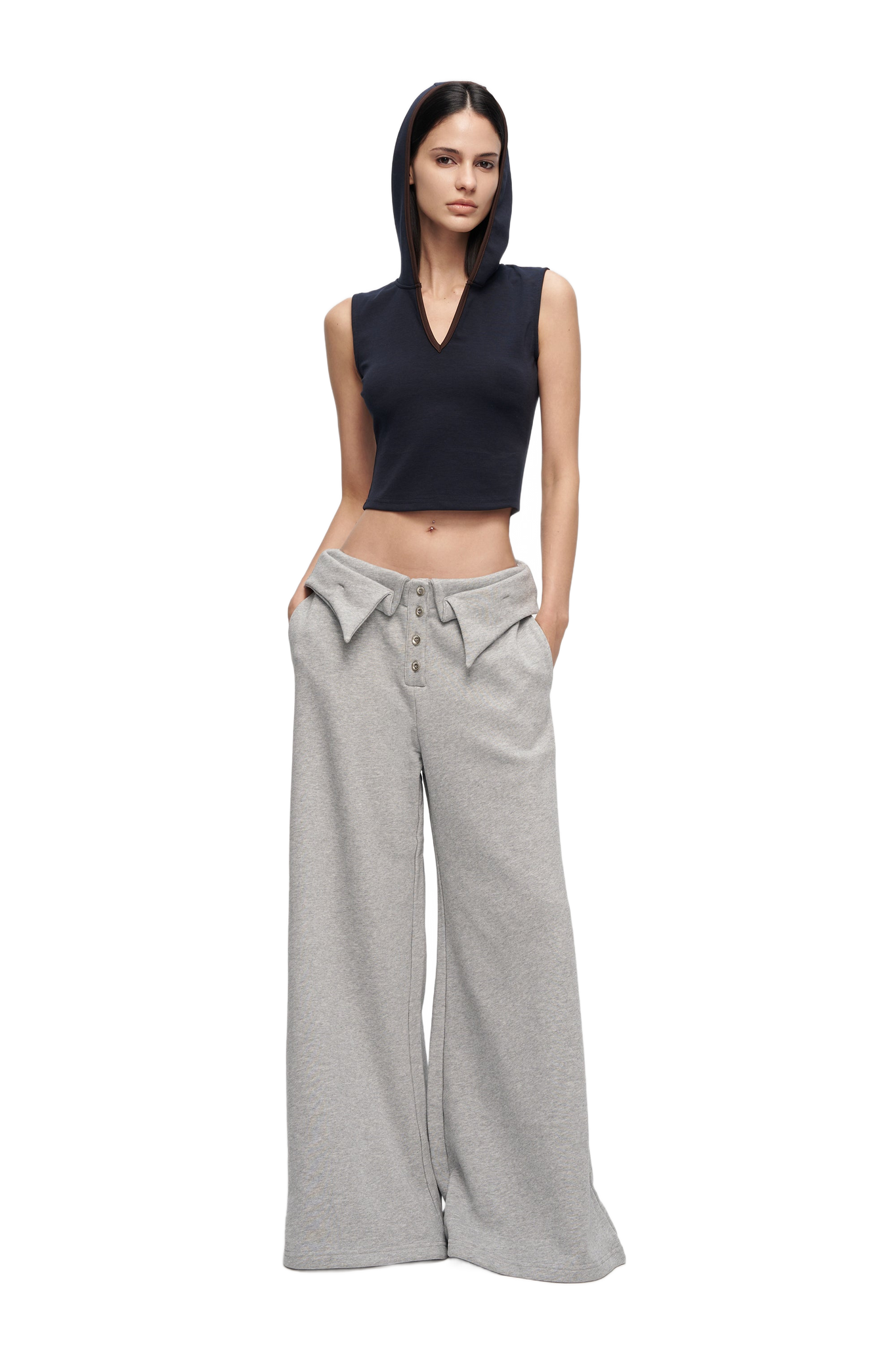 V-Cutout Hooded Sleeveless Trim Top In Dark Blue  YJ1NGZYZJ® Official