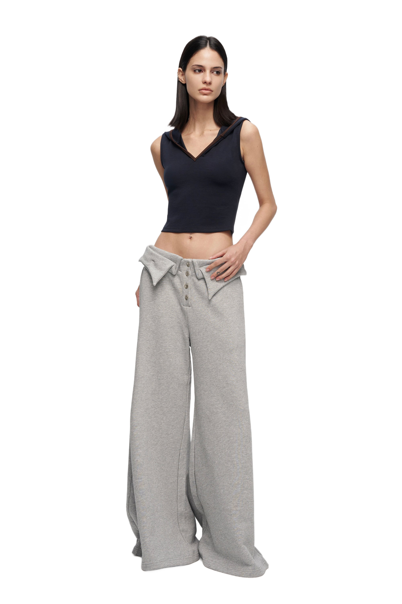 V-Cutout Hooded Sleeveless Trim Top In Dark Blue  YJ1NGZYZJ® Official