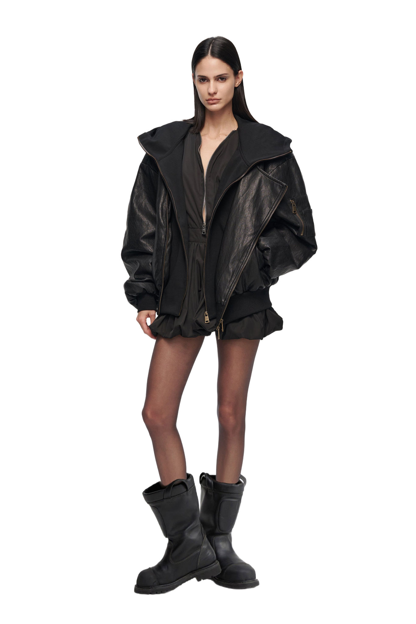 Oversized Leather Bomber Jacket in Black  YJ1NGZYZJ® Official