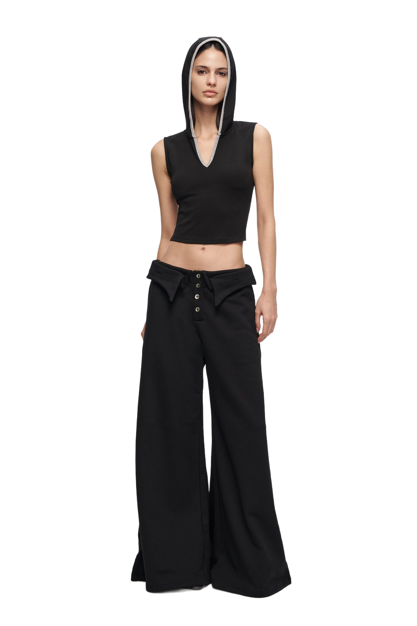 V-Cutout Hooded Sleeveless Trim Top In Black  YJ1NGZYZJ® Official