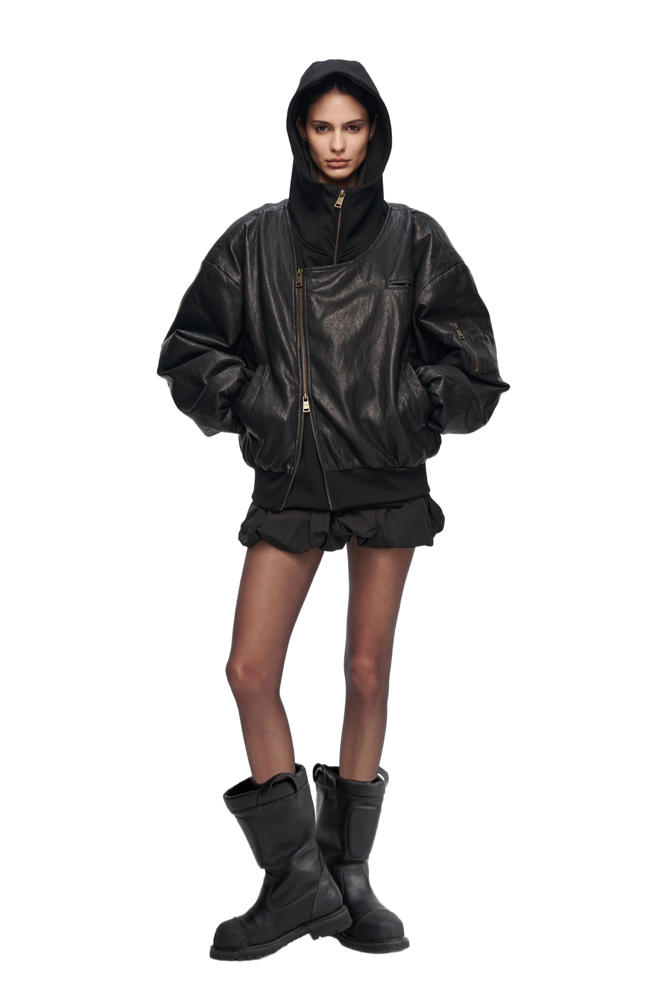 Oversized Leather Bomber Jacket in Black  YJ1NGZYZJ® Official