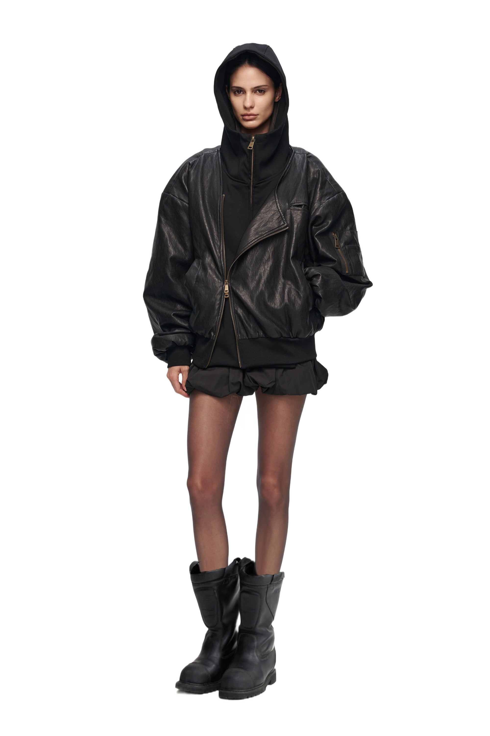 YJ1NGZYZJ Oversized Leather Bomber Jacket in Black – YJ1NGZYZJ