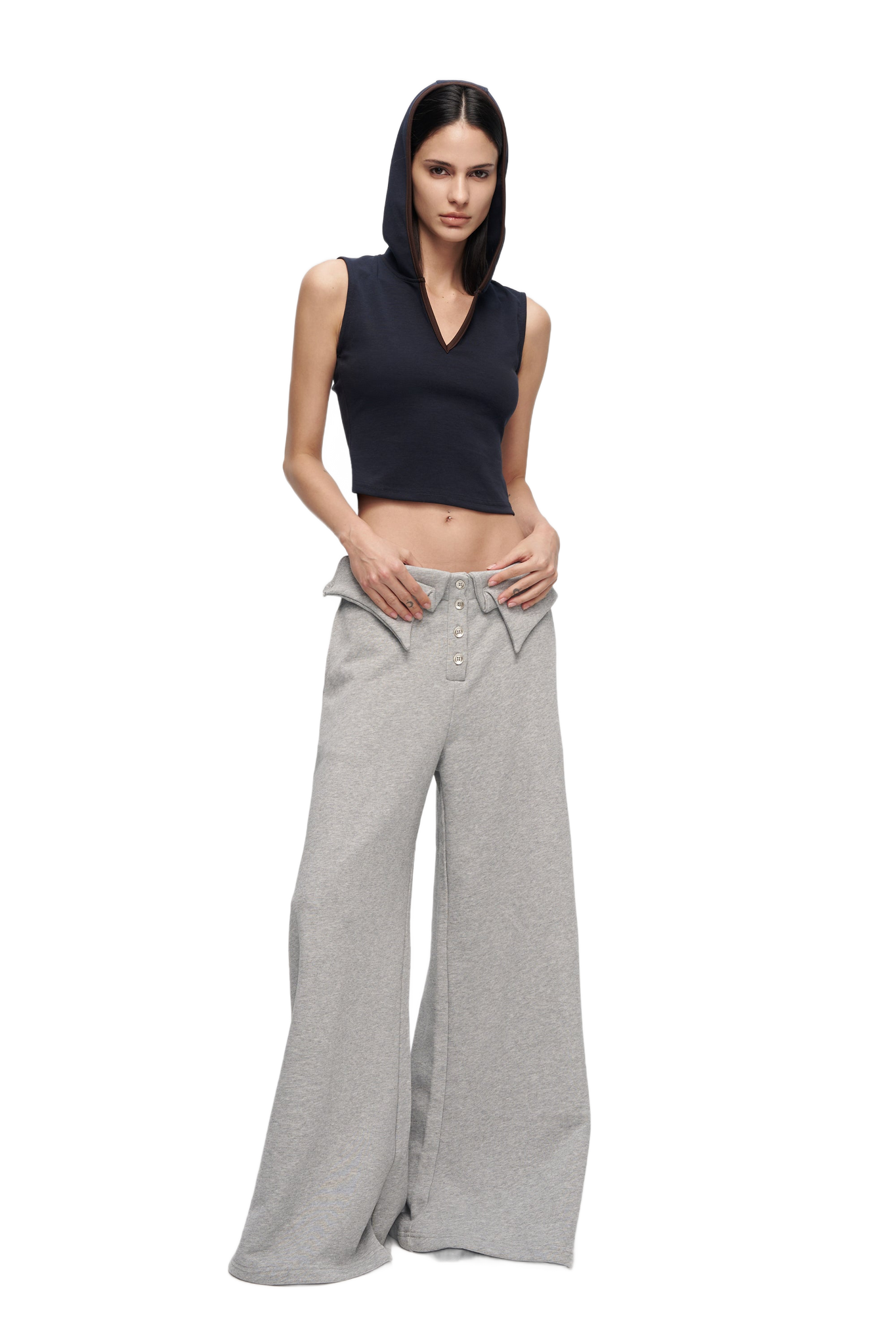 V-Cutout Hooded Sleeveless Trim Top In Dark Blue  YJ1NGZYZJ® Official