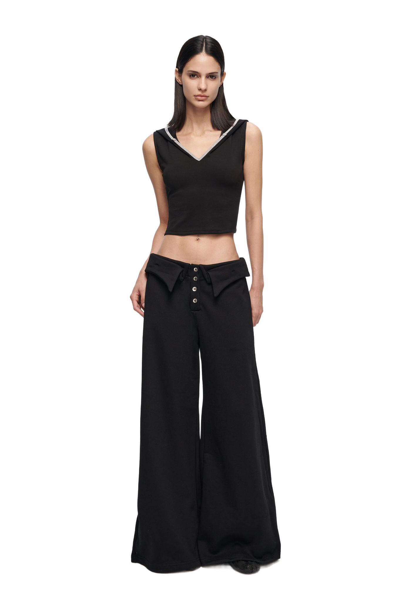 Double-Layer Collar Wide-Leg Pants In Black  YJ1NGZYZJ® Official