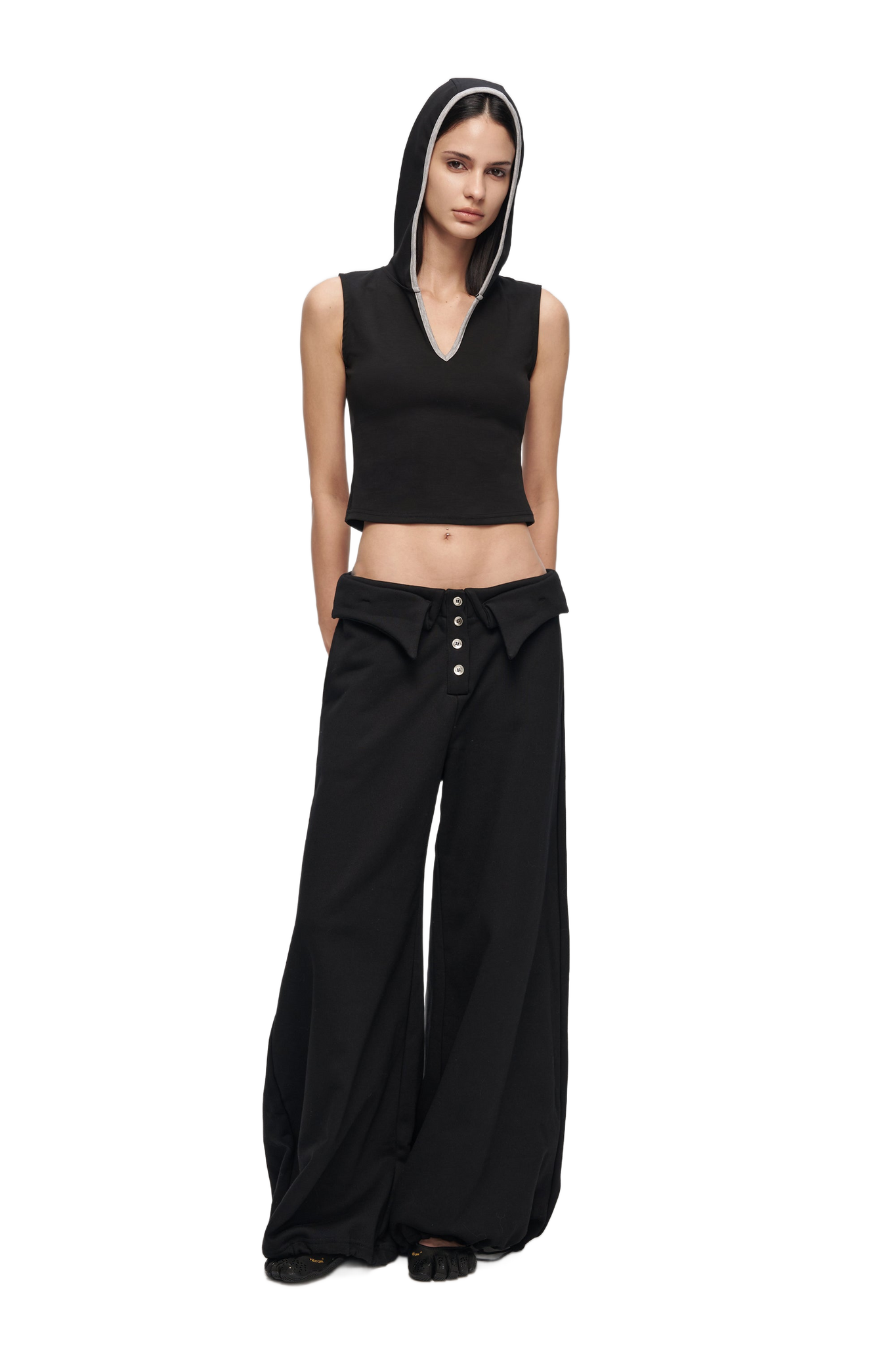 V-Cutout Hooded Sleeveless Trim Top In Black  YJ1NGZYZJ® Official