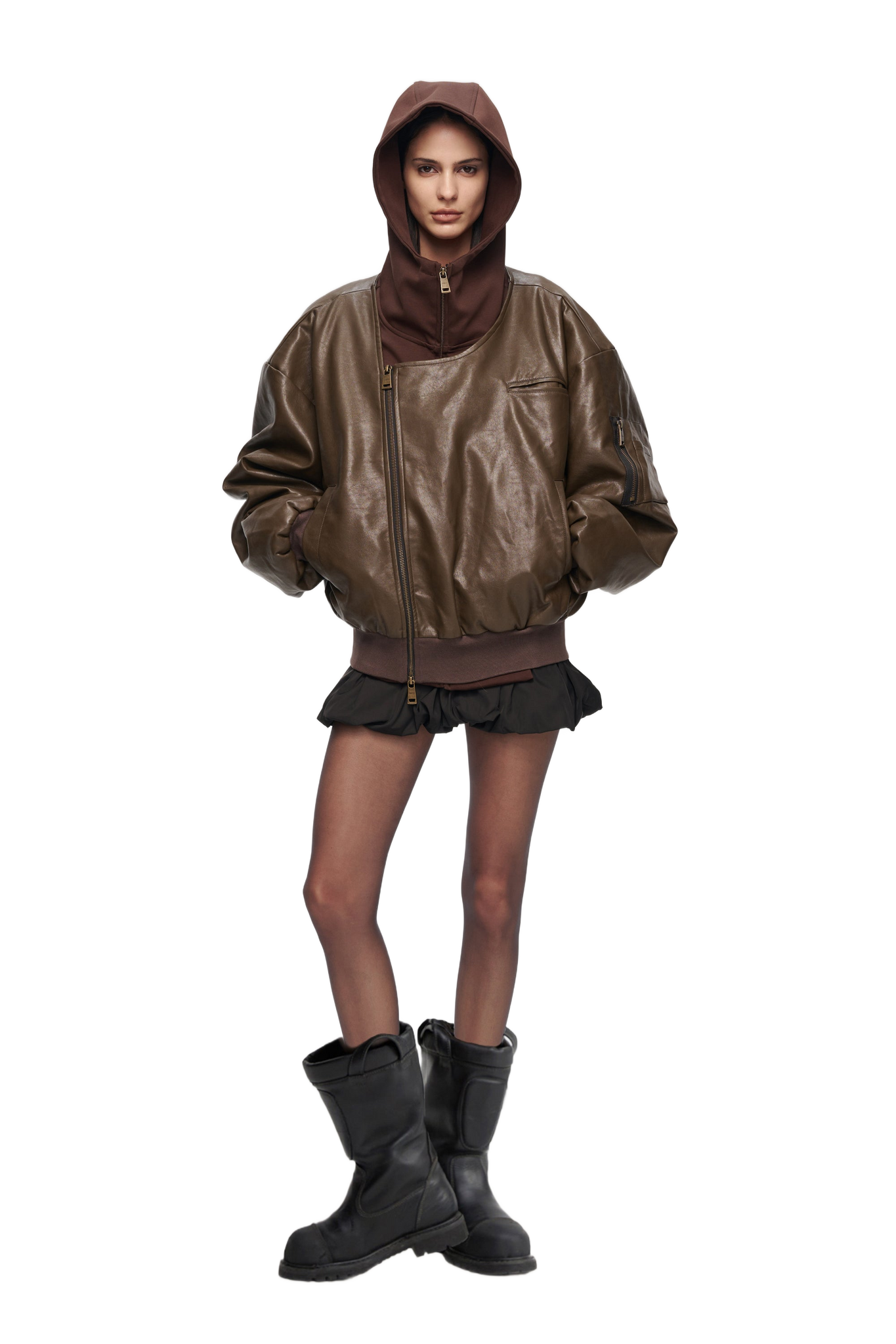 Oversized Leather Bomber Jacket in Brown  YJ1NGZYZJ® Official