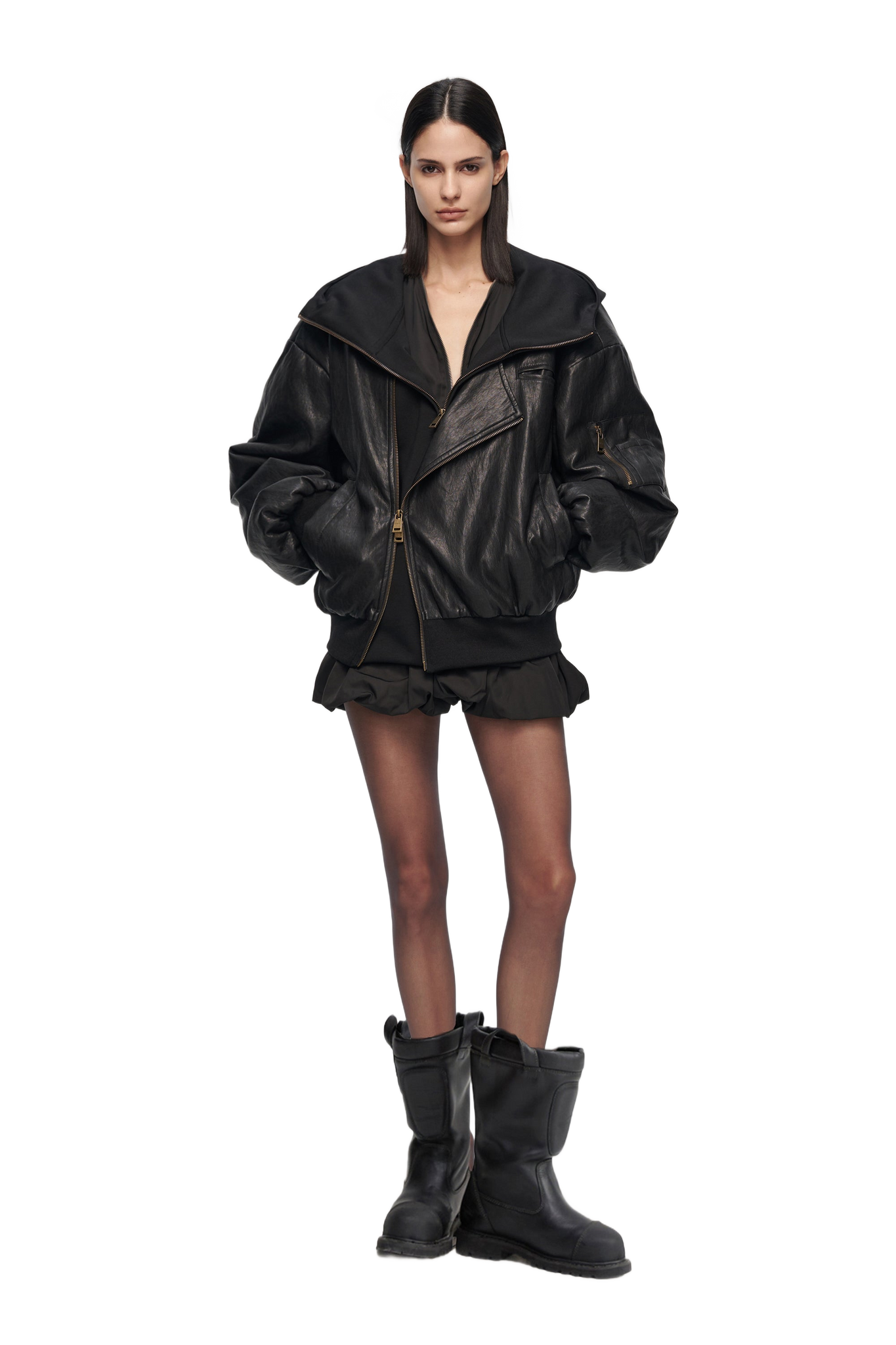Oversized Leather Bomber Jacket in Black  YJ1NGZYZJ® Official