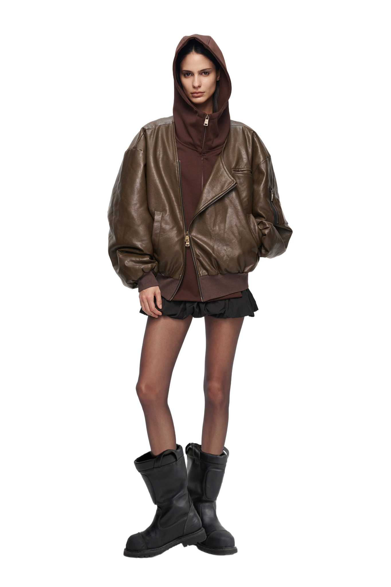 Oversized Leather Bomber Jacket in Brown  YJ1NGZYZJ® Official