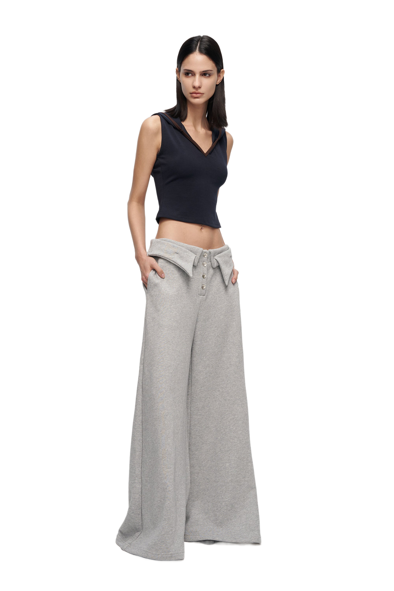 V-Cutout Hooded Sleeveless Trim Top In Dark Blue  YJ1NGZYZJ® Official