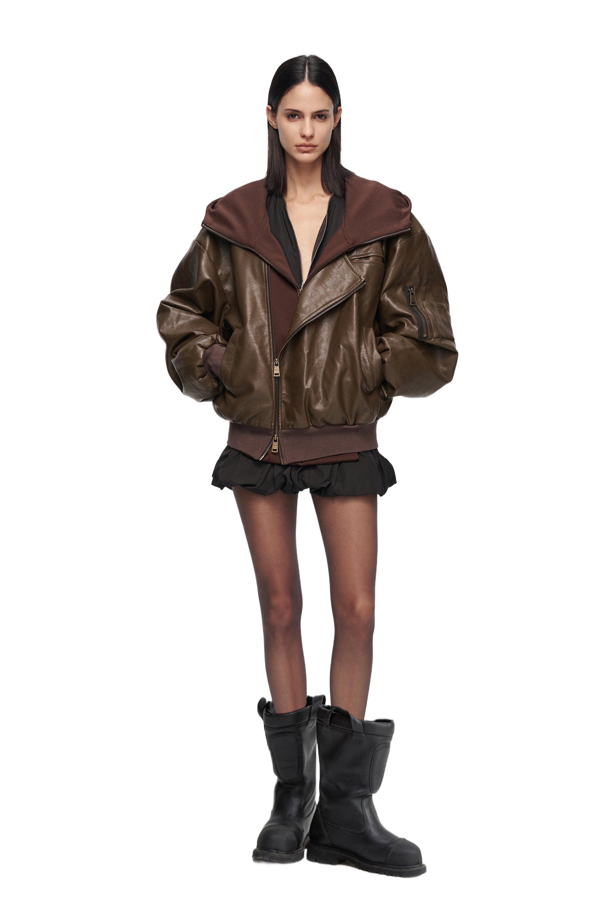YJ1NGZYZJ Oversized Leather Bomber Jacket in Brown – YJ1NGZYZJ