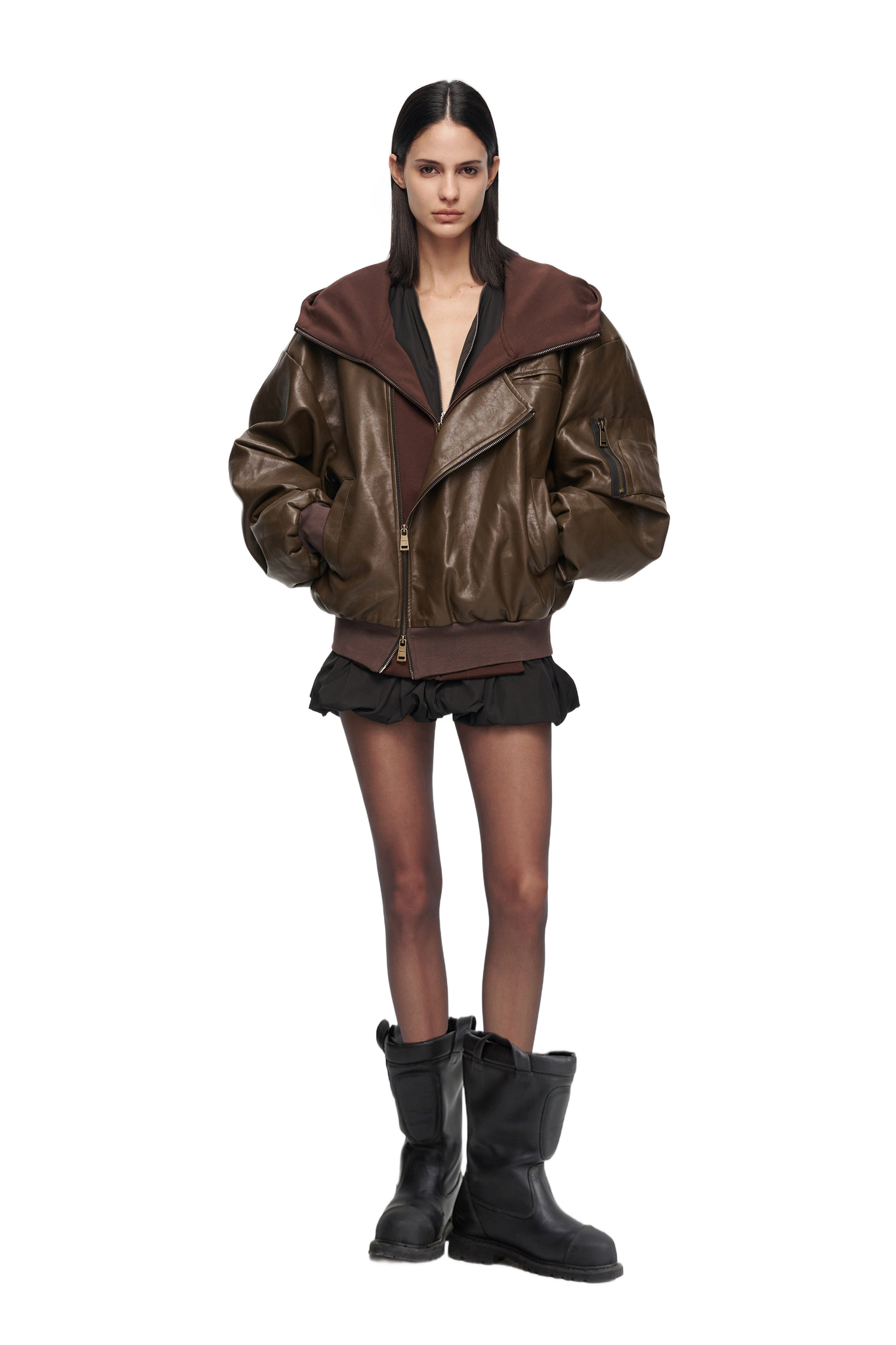 Oversized Leather Bomber Jacket in Brown  YJ1NGZYZJ® Official