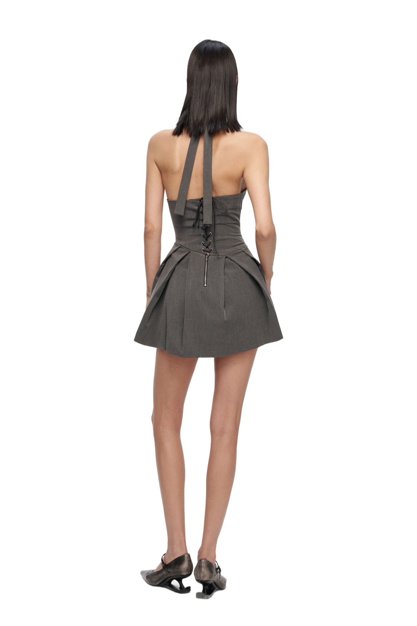 Grey Halter Neck Lace-Up Mini Dress  YJ1NGZYZJ® Official