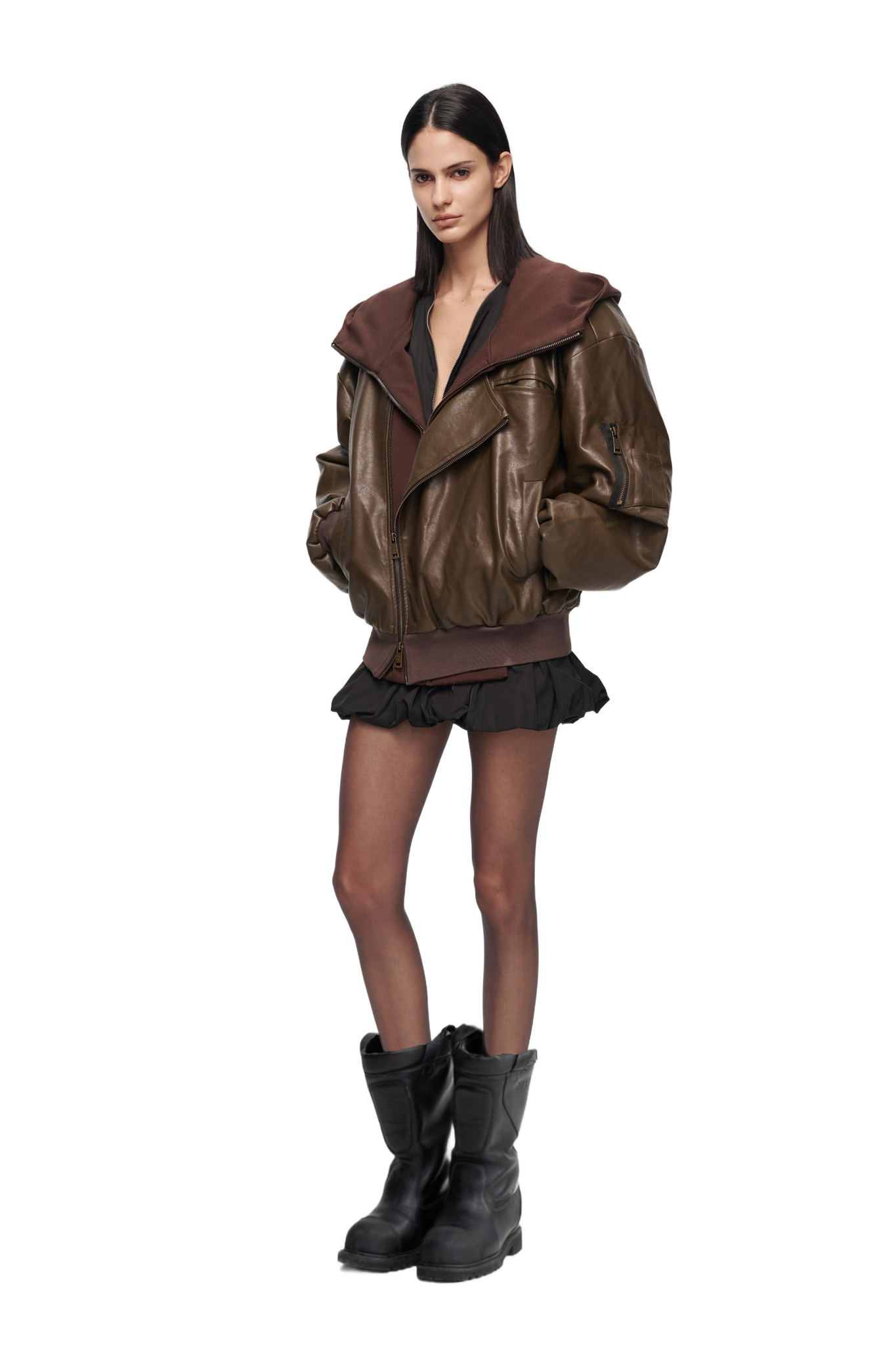 Oversized Leather Bomber Jacket in Brown  YJ1NGZYZJ® Official