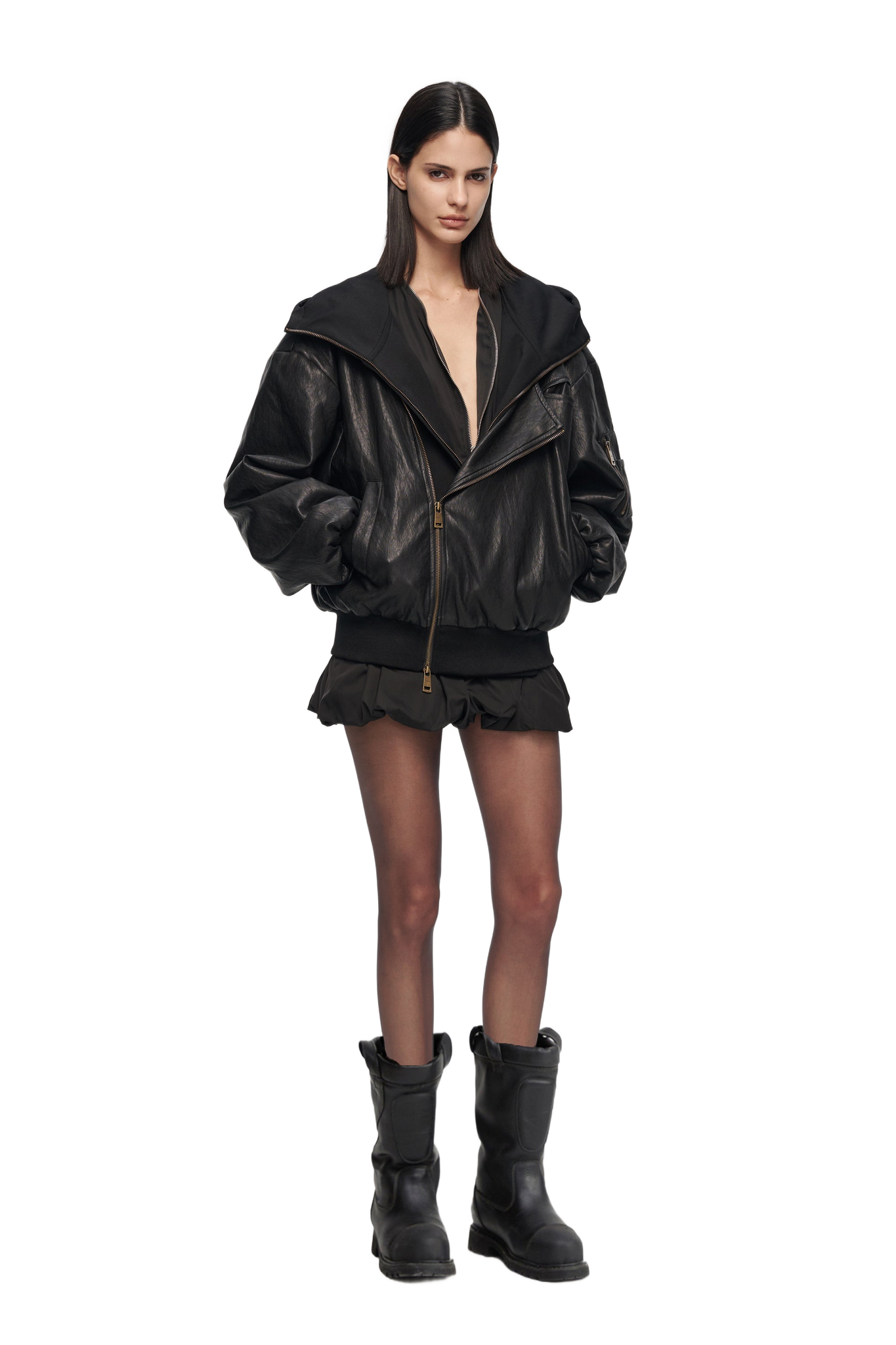 Oversized Leather Bomber Jacket in Black  YJ1NGZYZJ® Official